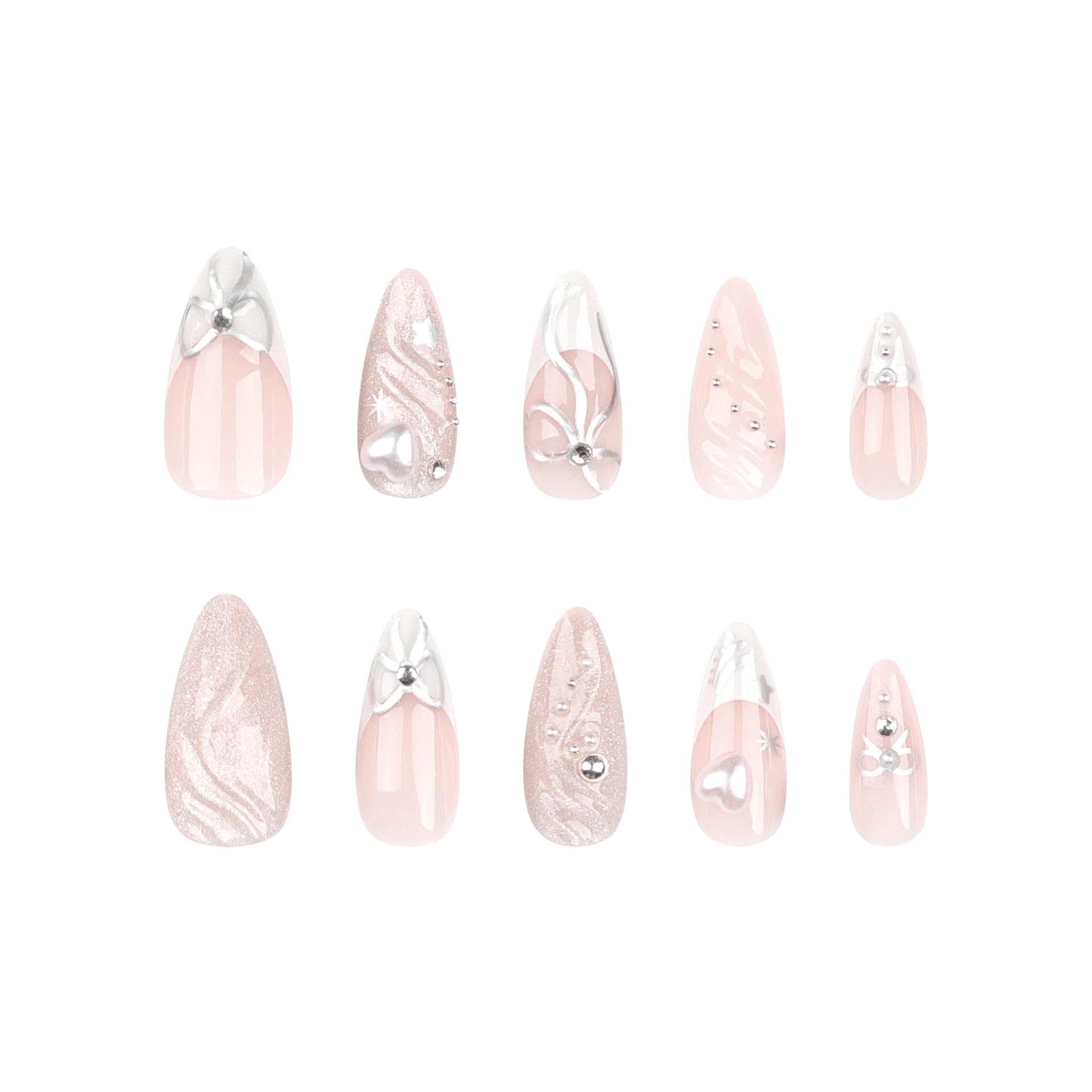 24Pcs Medium French Tip Press on Nails with 3D Silver Bow & Water Ripple Design - Y2K Star Stiletto Fake Nails for Women | Full Cover Stick on Acrylic Nails | Perfect for Parties, Weddings & Everyday Manicure