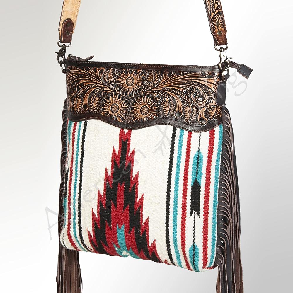 Vintage Leather Crossbody Bag for Women - Large Western Fringe Purse with Quilted Saddle Blanket Design, Handmade Cowhide Shoulder Bag with Carved Strap (ADBGZ104) | Perfect for Country Concerts, Rodeo Events & Boho Fashion Outfits