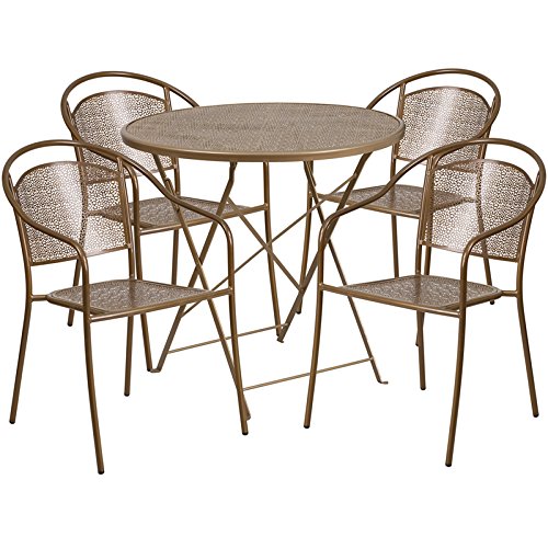 StarSun Depot 30 Inch Round Gold Folding Patio Dining Table Set with 4 Chairs - Indoor Outdoor Metal Bistro Set for Garden, Balcony, Backyard - Weather Resistant Steel (30