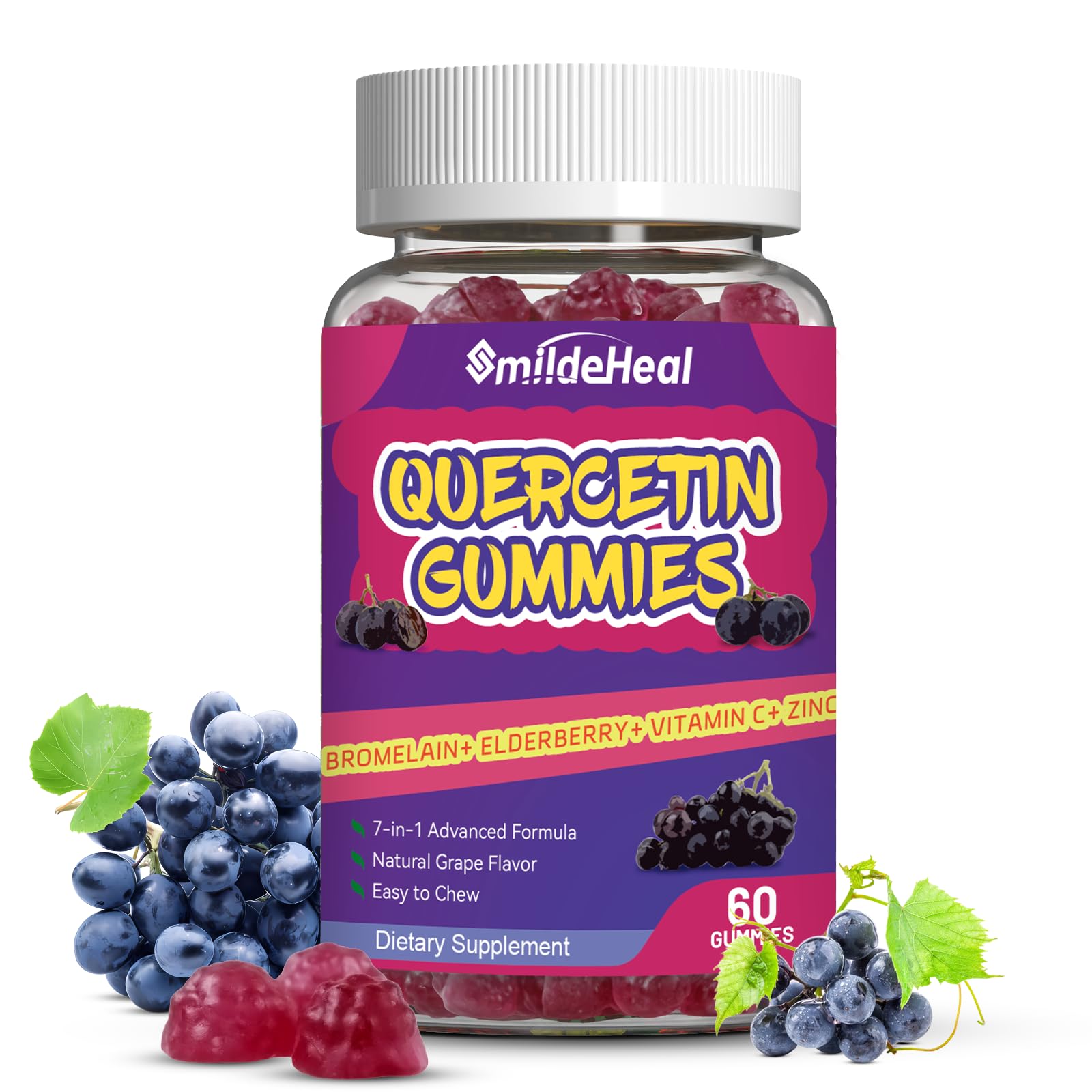 Quercetin Gummies 1200mg with Bromelain, Zinc & Vitamin C - Immune Support Supplement for Adults & Kids - 60 Vegan Gummies for Daily Wellness & Allergy Relief