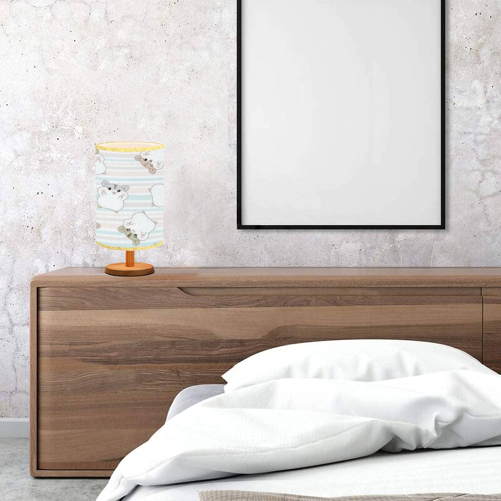 Cute Hamster Seamless Pattern Bedside Table Lamp - Minimalist Wooden Nightstand Light with Flaxen Fabric Shade for Bedroom, Living Room & Nursery - Perfect for Reading, Breastfeeding & Cozy Ambience
