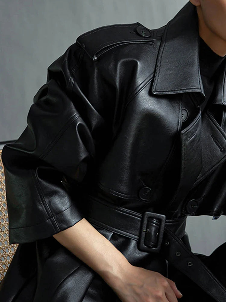 Women's Extra Long Oversized Black Faux Leather Trench Coat - Long Sleeve Belted Double Breasted Loose Fashion Coat for Fall/Winter | Perfect for Office, Date Night & Casual Outfits