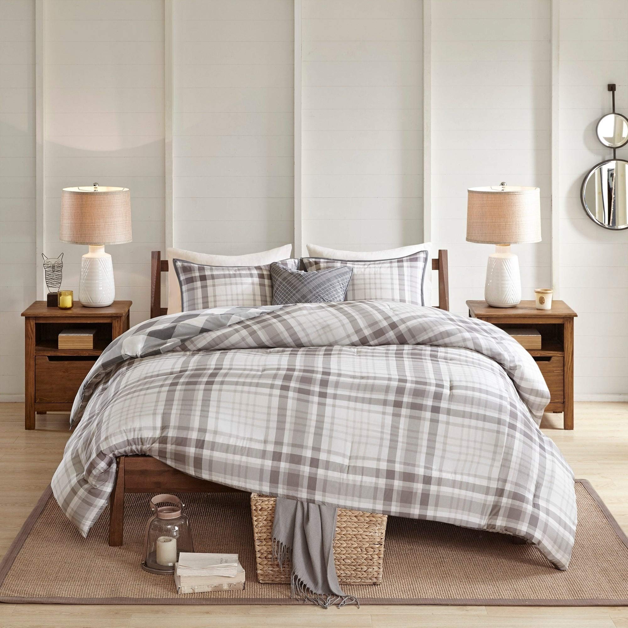 Grey White Windowpane Plaid King/Cal King Comforter Set - 4 Piece Cotton Bedding with Rectangle Square Box Pattern for Cozy Bedroom Decor
