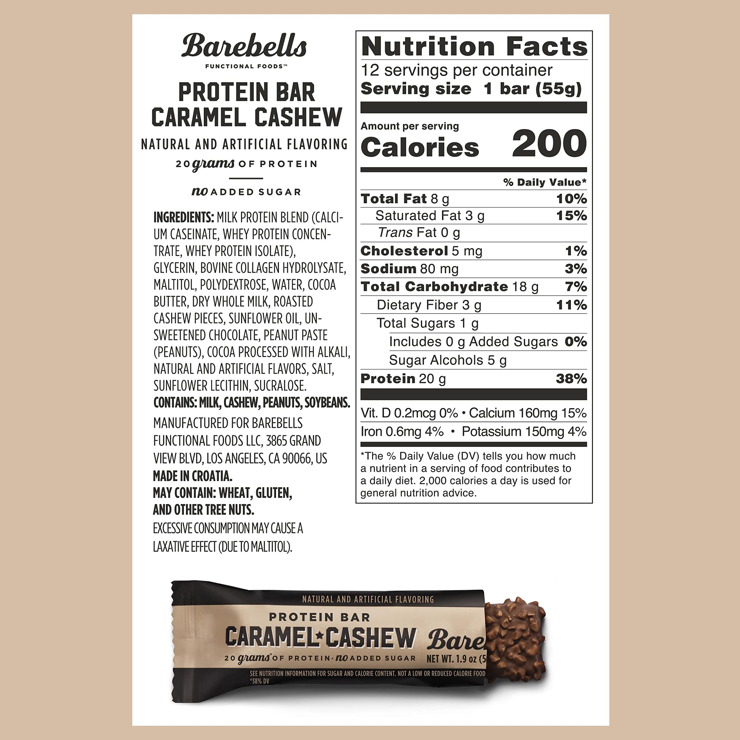 Barebells Protein Bars Caramel Cashew - 12 Count, Pack of 2 - High Protein Snack with 20g Protein & 1g Sugar - Low Sugar Chocolate Protein Bar - Perfect for Gym, Hiking, Travel & Breakfast On-The-Go