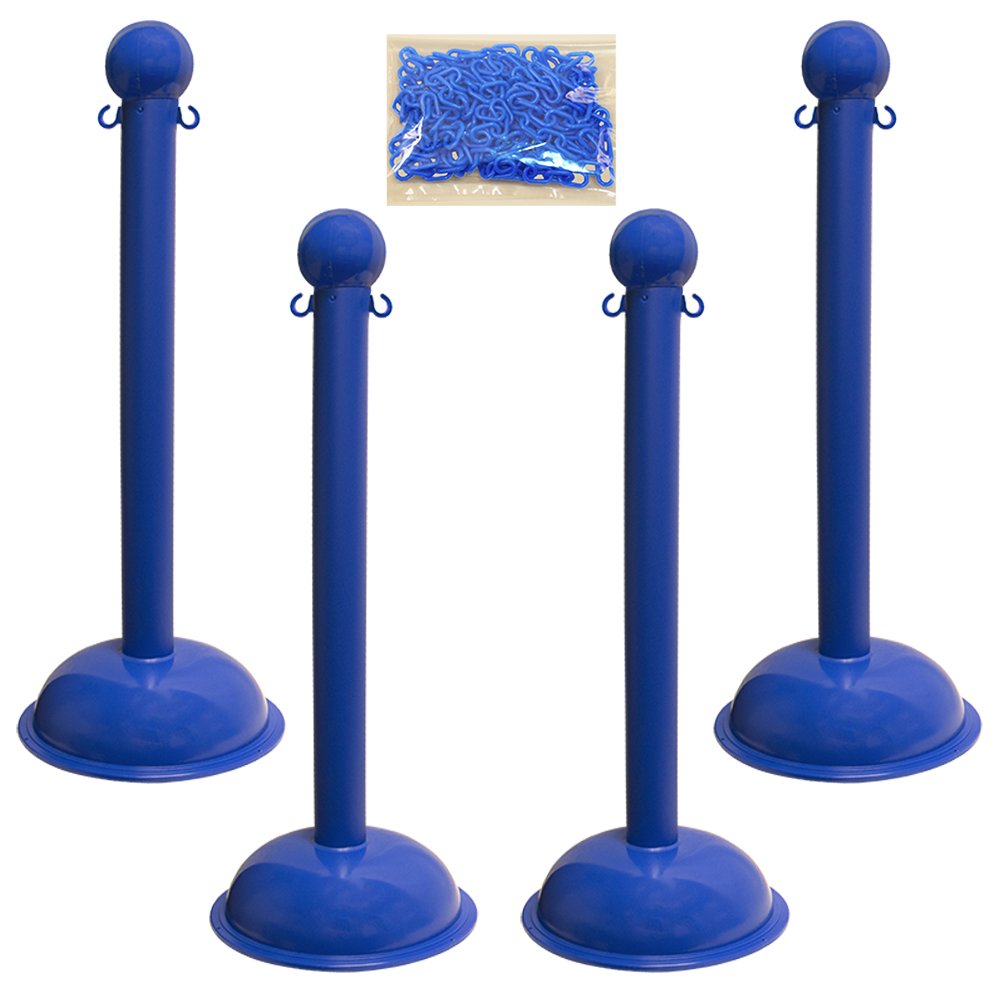 Heavy Duty Plastic Stanchion Post Kit - 4 Pack with 30ft 2-Inch Thick Chain & C-Hooks for Crowd Control, Queue Management - Blue (71306-4) - Perfect for Events, Retail Stores, Banks & Public Spaces