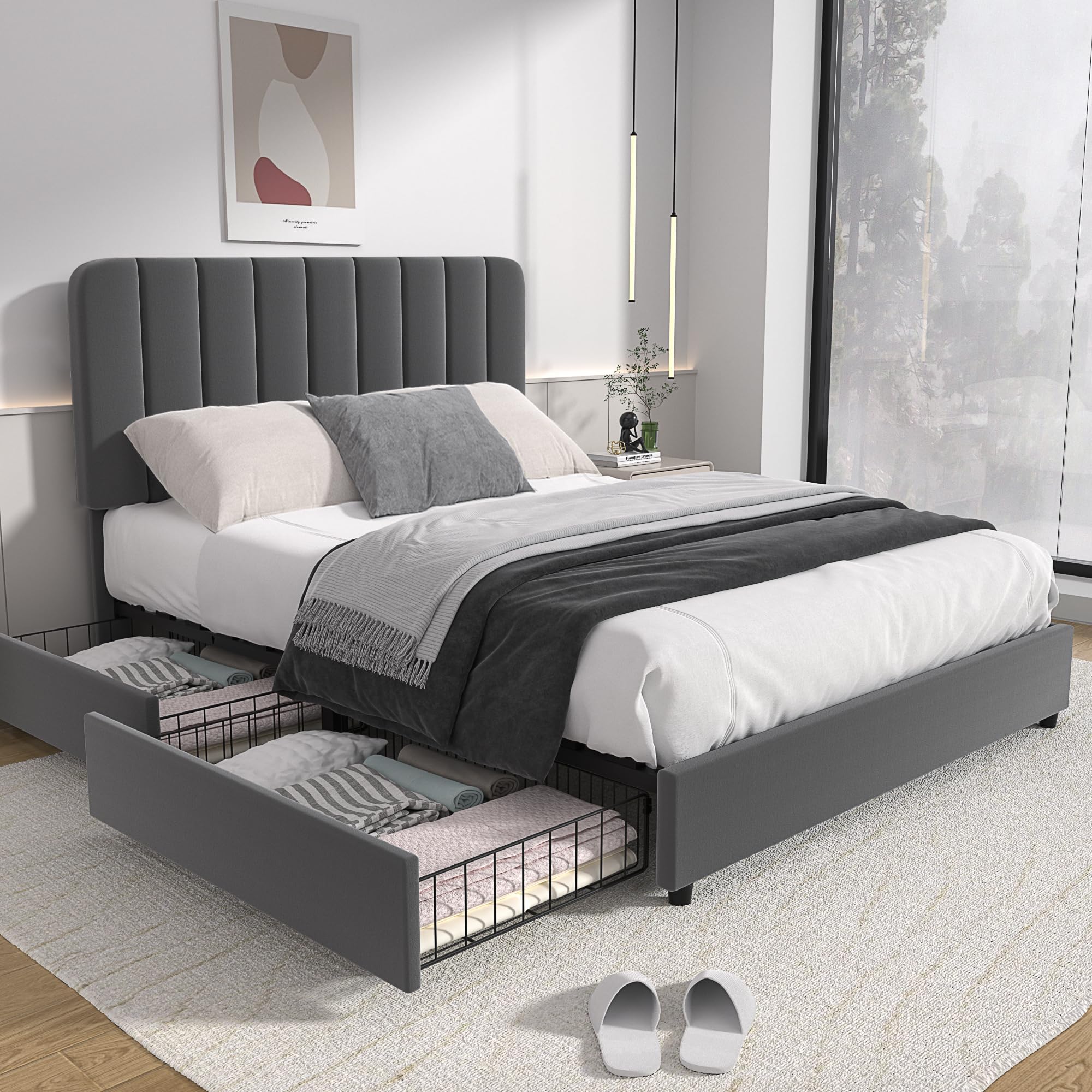 VECELO Queen Size Upholstered Bed Frame with 4 Storage Drawers & Adjustable Headboard - Velvet Platform Bed Frame with Wooden Slats Support, No Box Spring Needed - Dark Grey Luxury Bed for Master Bedroom or Guest Room