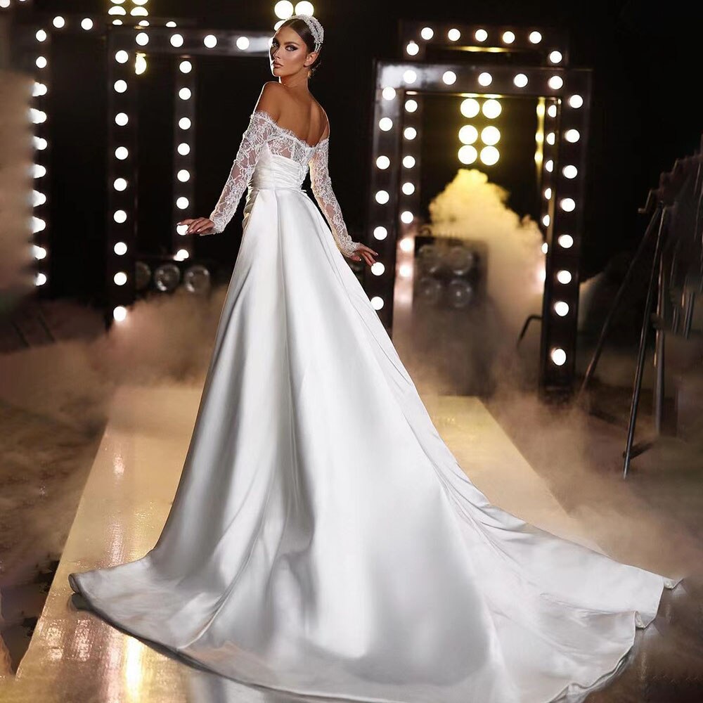 Elegant White Off Shoulder Satin Mermaid Wedding Dress with Overskirt - Serene Hill Bridal Gown for Engagement Party & Formal Events | HA2529 | Perfect for Beach Weddings, Vow Renewals & Romantic Photoshoots