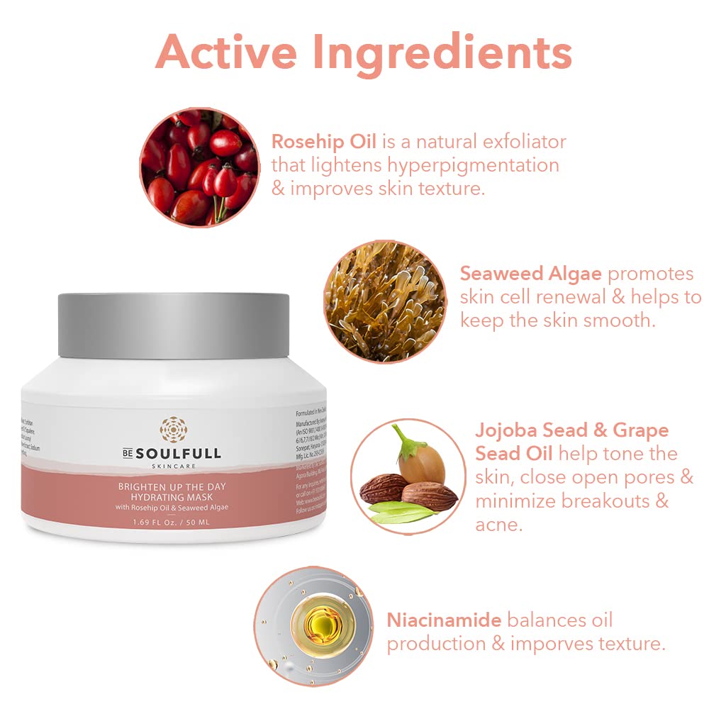 BE SOULFULL Hydrating Face Mask with Rosehip Oil, Seaweed Algae & Hyaluronic Acid - Brightening Clay Mask for Dull Skin - Pore Minimizing, Exfoliating & Anti-Aging Treatment - Reduces Hyperpigmentation & Wrinkles - 50g | Perfect for Spa Nights & Skincare Routines