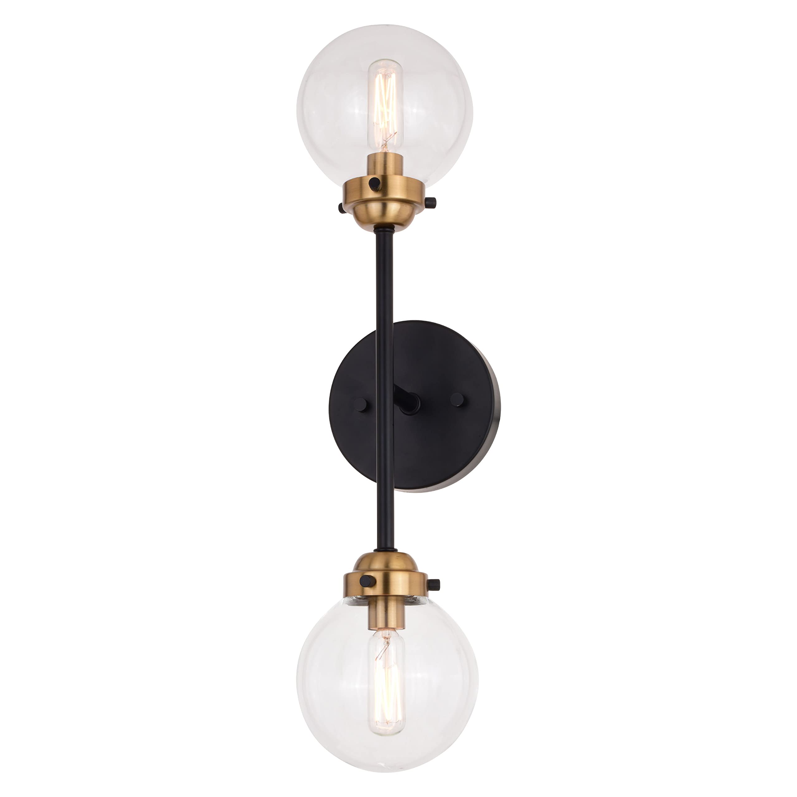 VAXCEL Orbit 2 Light Wall Sconce - Industrial Modern Brass & Oil Rubbed Bronze Fixture with Clear Glass Globe - Perfect for Bedroom, Living Room, and Hallway Lighting
