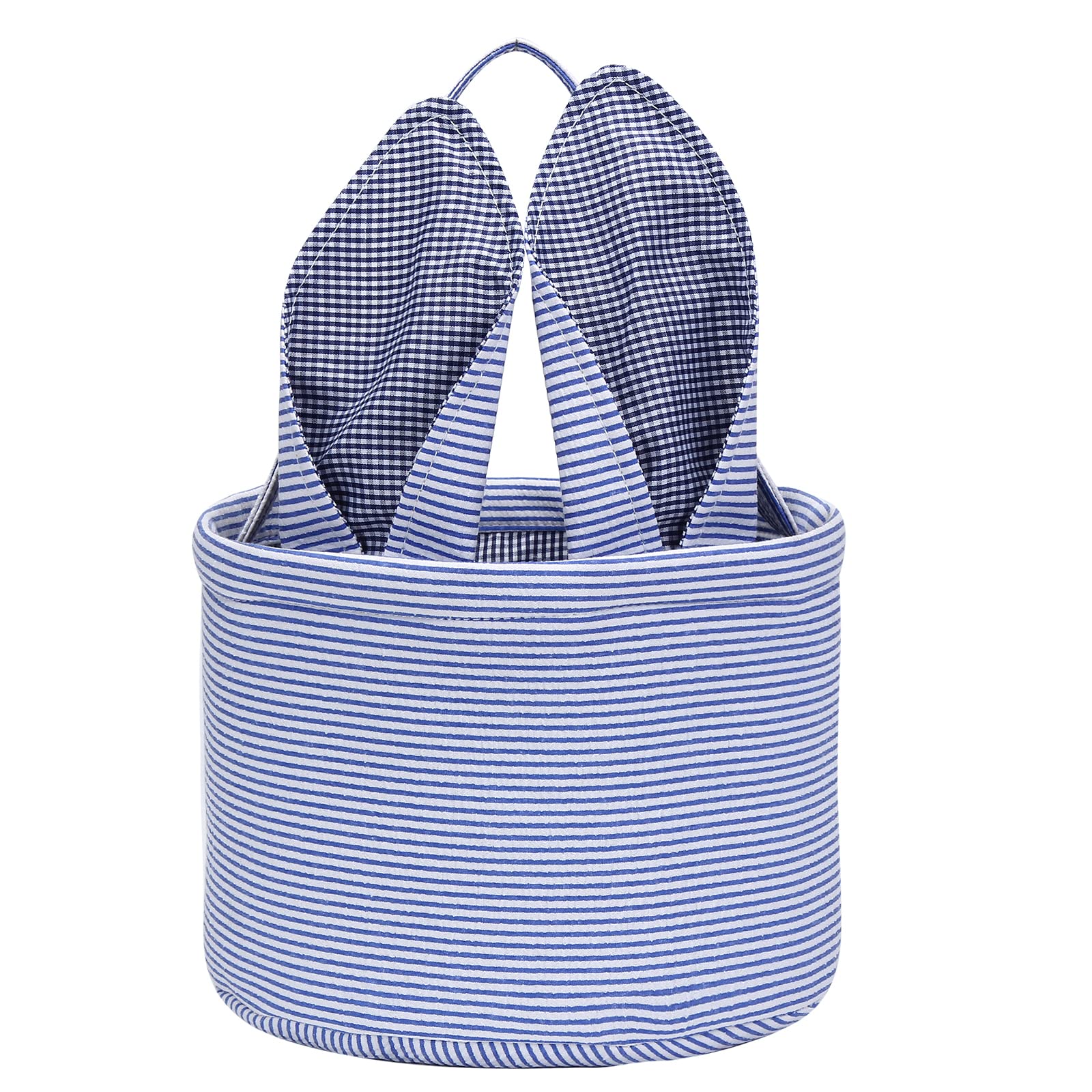 Personalized Easter Bunny Basket - Seersucker Blue Egg Candy Bag with Fluffy Tail for Kids | Cute Rabbit Print Gift Bucket for Easter Egg Hunt, Party Favors & Spring Celebrations