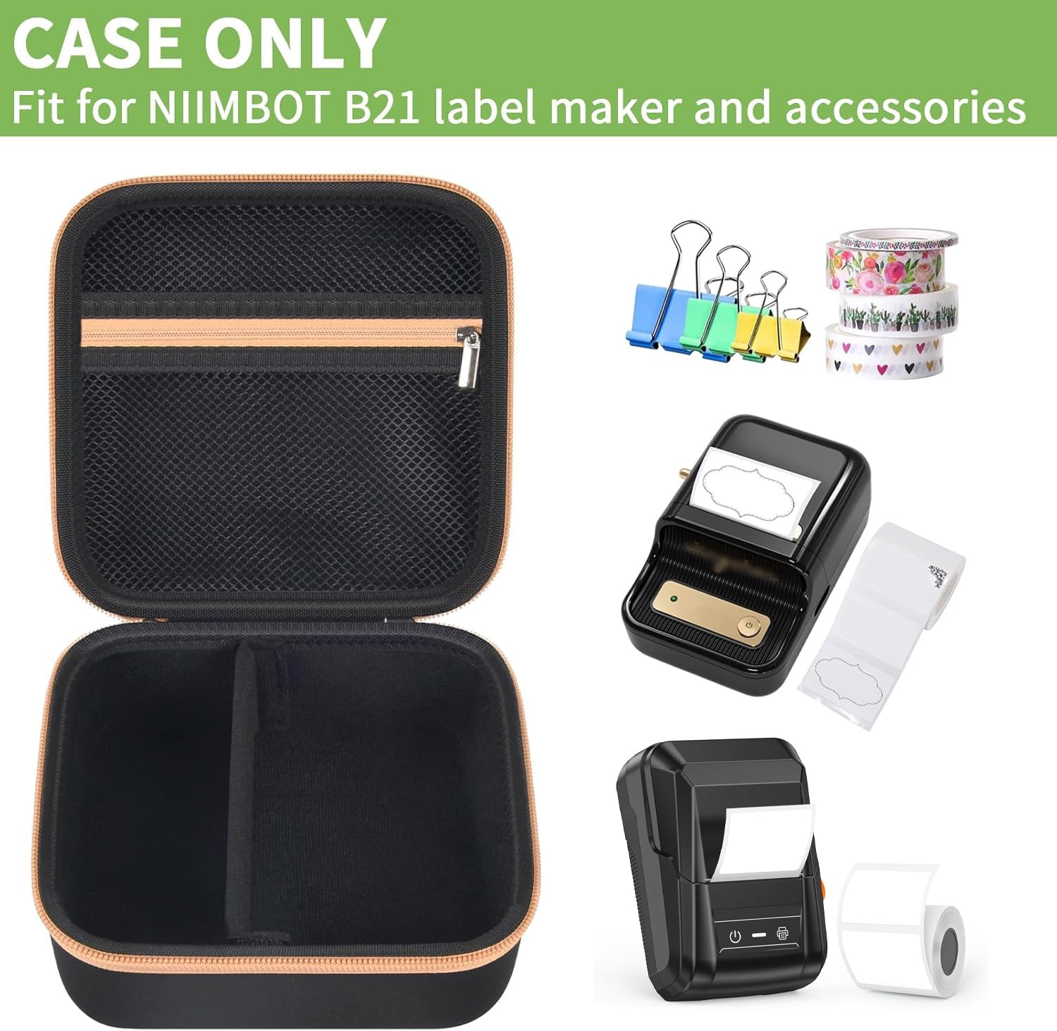 ALKOO Compatible Case for NIIMBOT B21 & B1 Wireless Thermal Label Printer - Protective Holder for Inkless Label Maker & Label Tapes Refills with Mesh Pocket for Cables (Black) - Perfect for Office, Warehouse & Home Labeling Organization