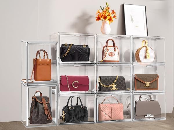 4-Pack Clear Stackable Plastic Storage Bins with Magnetic Lid - Acrylic Shoe Display Case for Books, Cosmetics, Figures & Collectibles - Perfect for Shoe Box, Handbag & Home Organization (Ideal for Closet, Office & Retail Display)