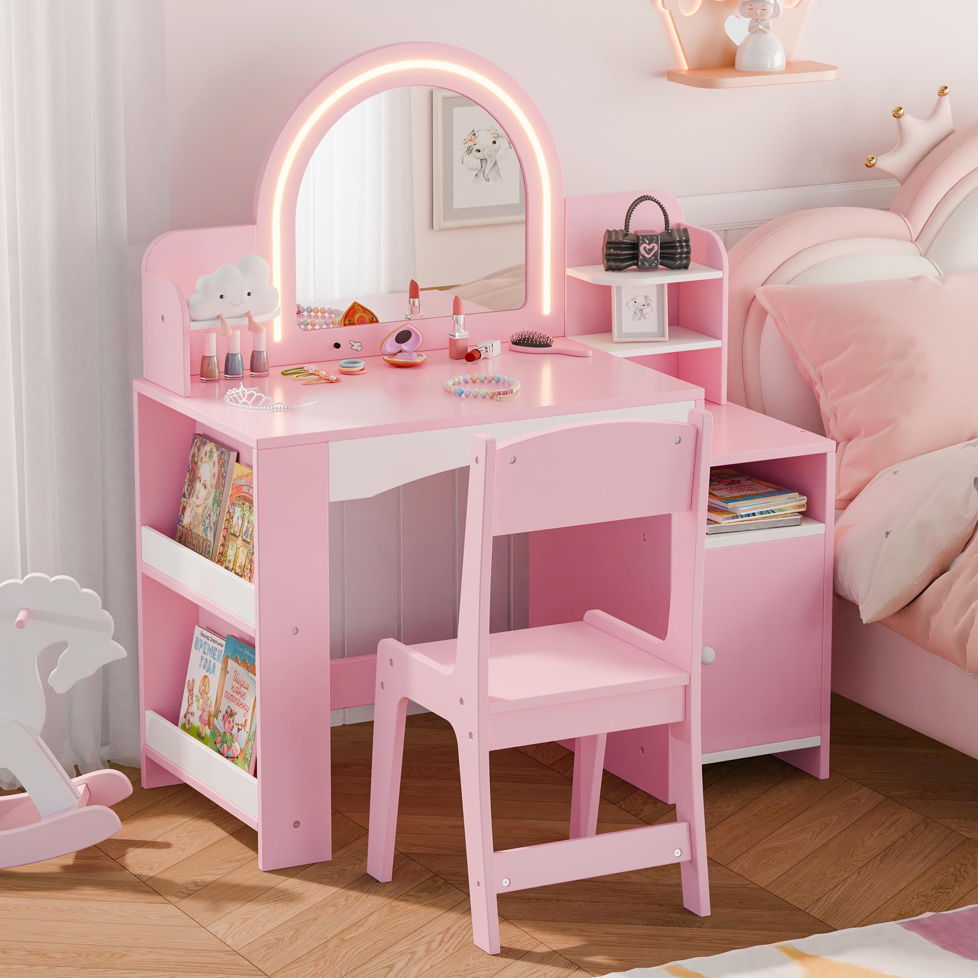 MU Kids Vanity with Lights - Princess Makeup Vanity Desk with Open Bookshelf, Storage Cabinet & Shelves | 2-in-1 Toddler Vanity Table & Chair Set with LED Mirror for Little Girls (Pink) | Perfect for Bedroom Decor, Birthday Gifts & Pretend Play