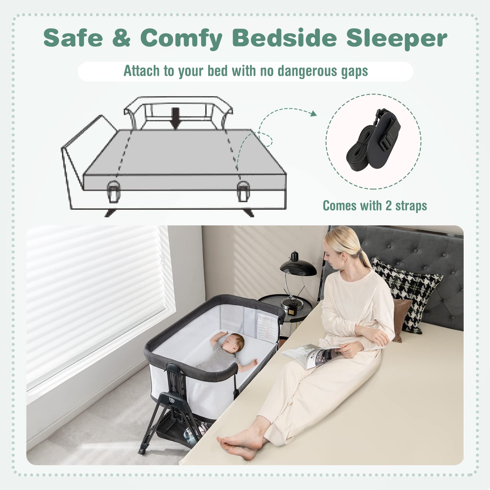 BABY JOY Portable Bassinet Bedside Sleeper - Foldable Crib with Breathable Mesh Sides, Storage Shelf & 7 Height Adjustments | Includes Mattress & Travel Bag for Safe Co-Sleeping | Perfect for Newborns & Infants (Black) | Ideal for Nursery, Bedroom & Travel Use