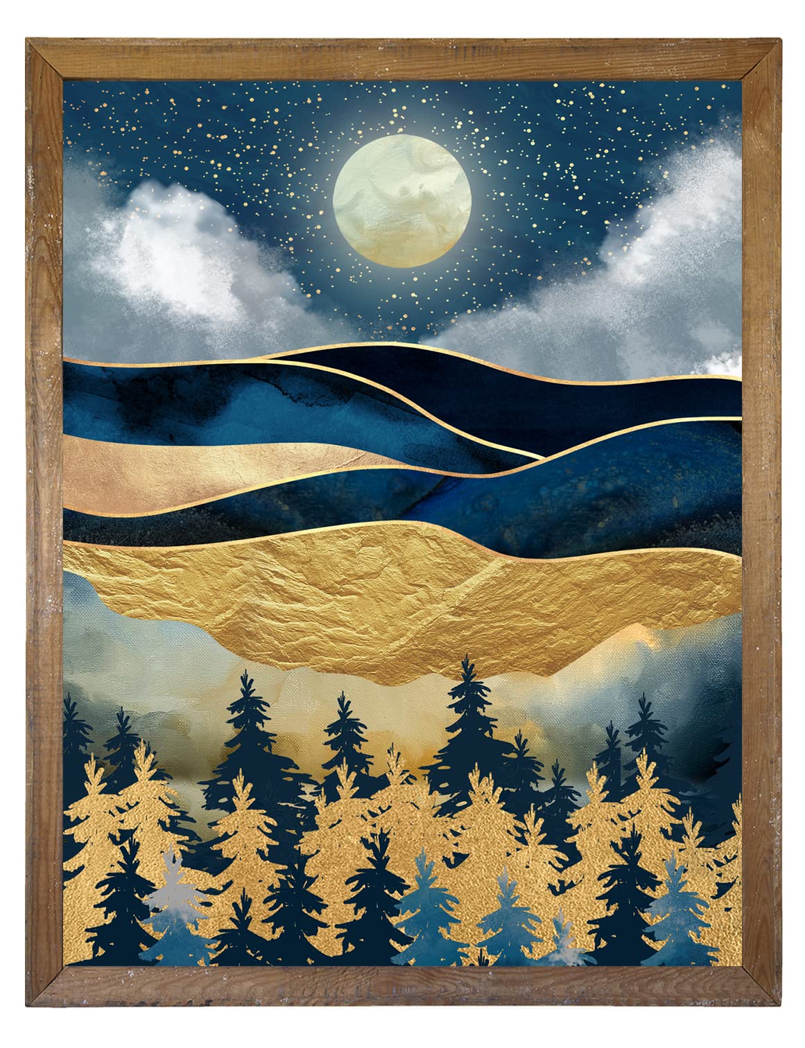Golden Mountain Art Wall Decor - Boho Sun Moon Star Watercolor Print - Navy Blue & Metallic Copper Poster 8x10