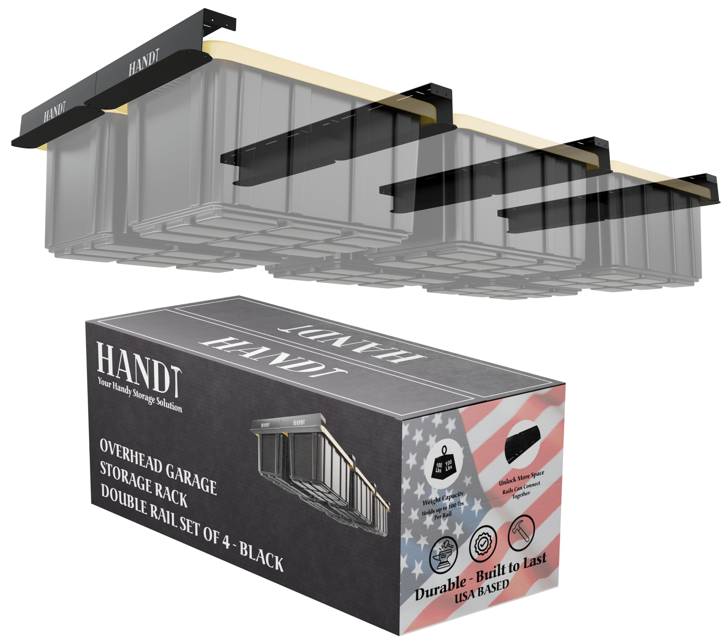 Heavy Duty Overhead Garage Storage Rack - Connectable Metal Ceiling Shelving System for Garage Organization | Supports Up to 6 Tote Bins (4-Pack, Black) | Perfect for Seasonal Storage, Sports Equipment & Home Organization