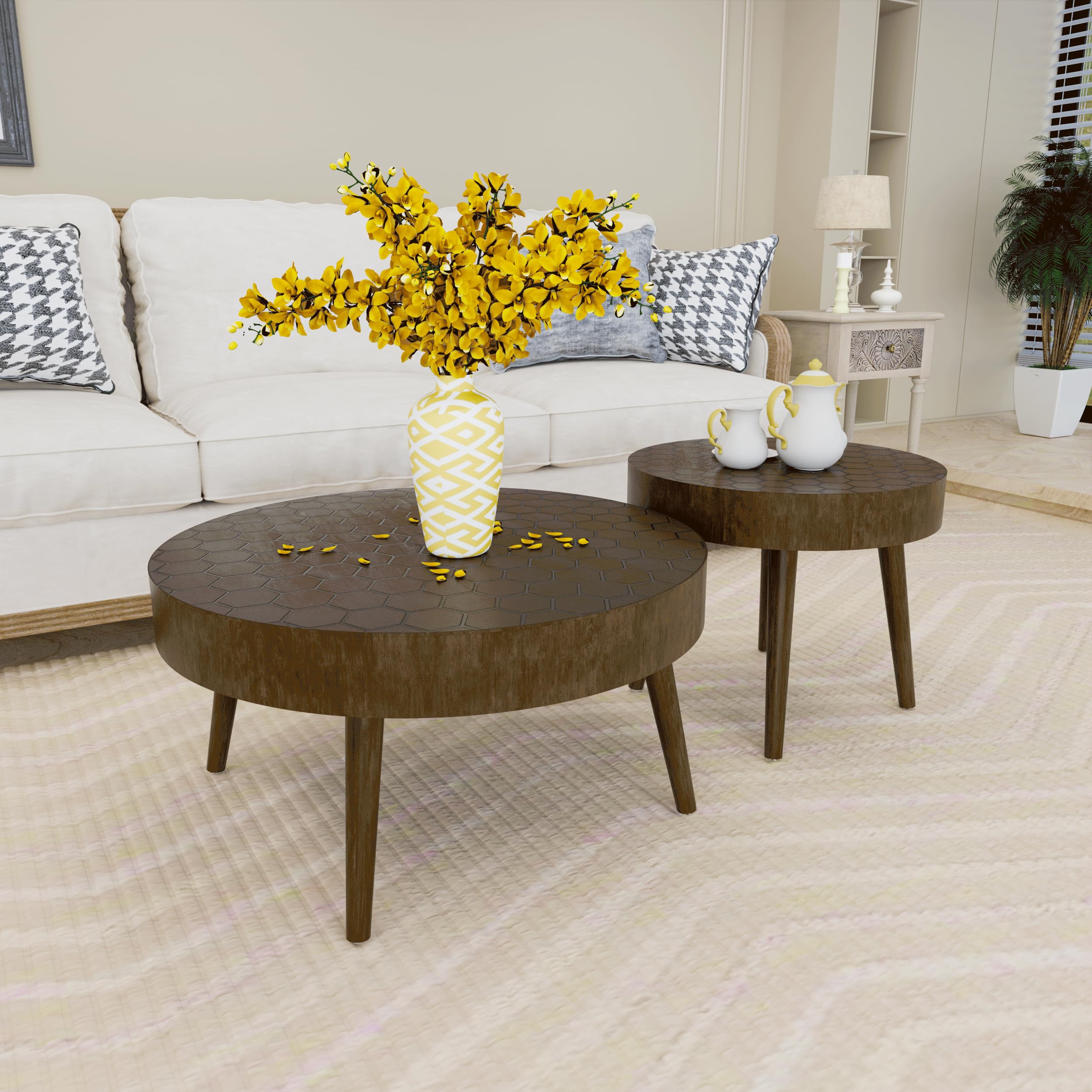 Round Coffee Table Set of 2 - Modern Farmhouse Nesting End Tables with Honeycomb Pattern, MDF Side Tables for Living Room, Bedroom, Office & Balcony - Perfect for Small Spaces, Coffee Serving & Home Decor