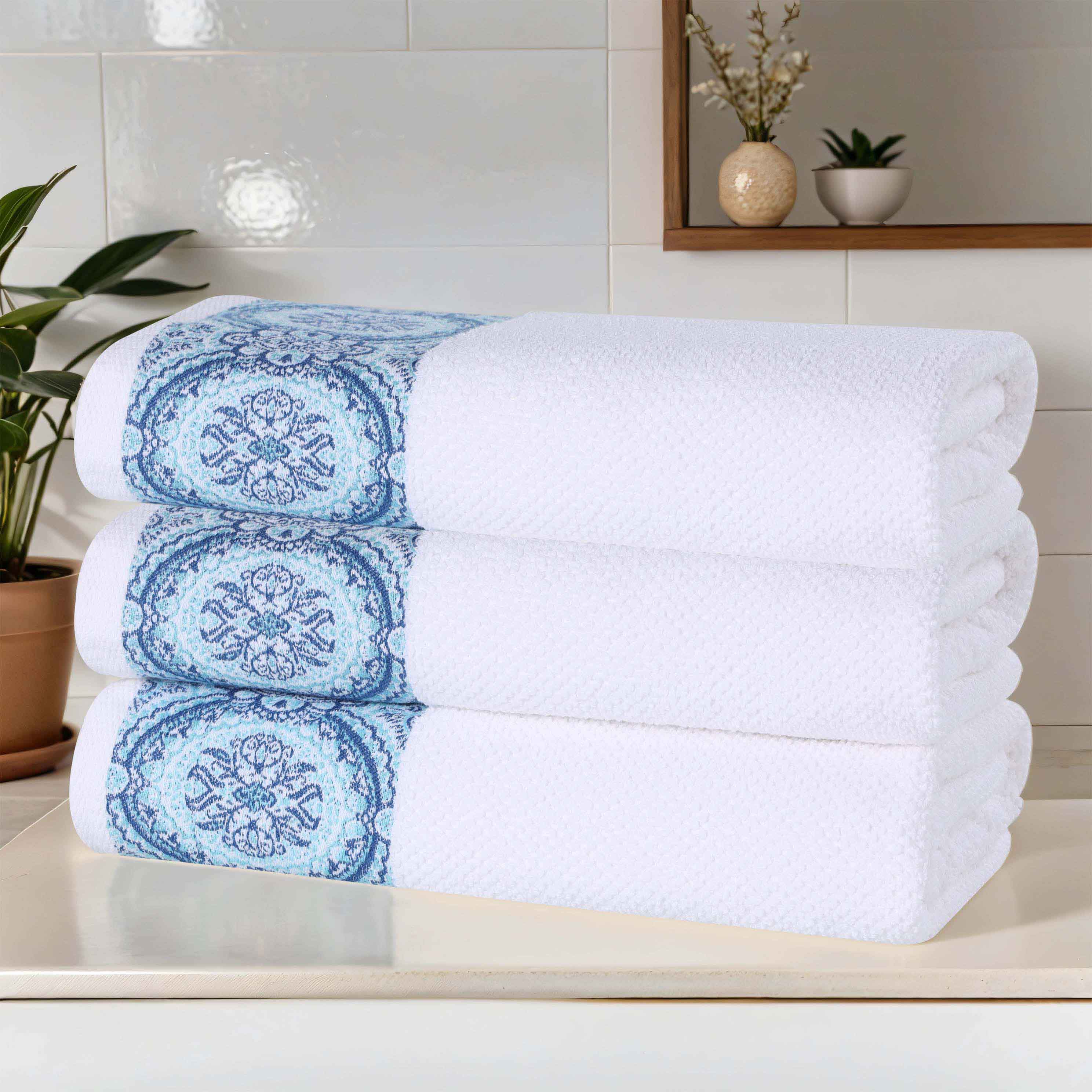Premium Medallion Cotton Jacquard Bath Towels Set of 3 - Ultra Soft & Absorbent Luxury Towels for Spa, Bathroom & Beach Use