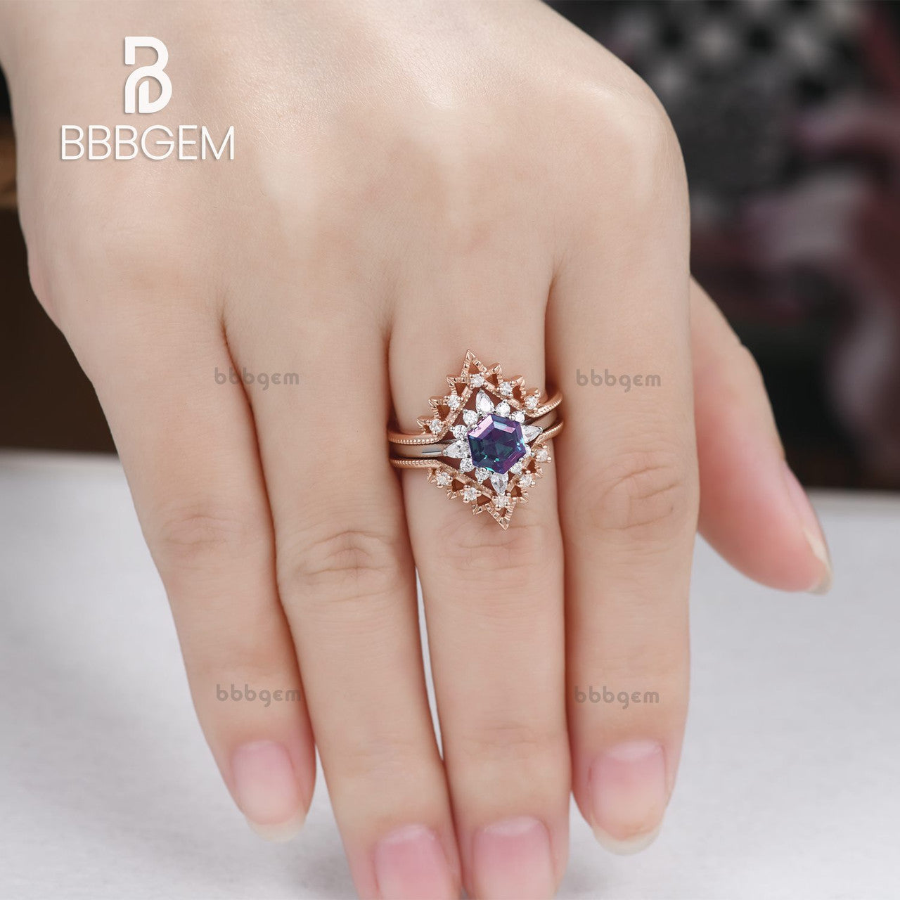 3-Piece Moissanite Hexagon Alexandrite Ring Set in White & Rose Gold with Diamond Leaf Vintage Band - Perfect for Weddings, Anniversaries & Special Occasions