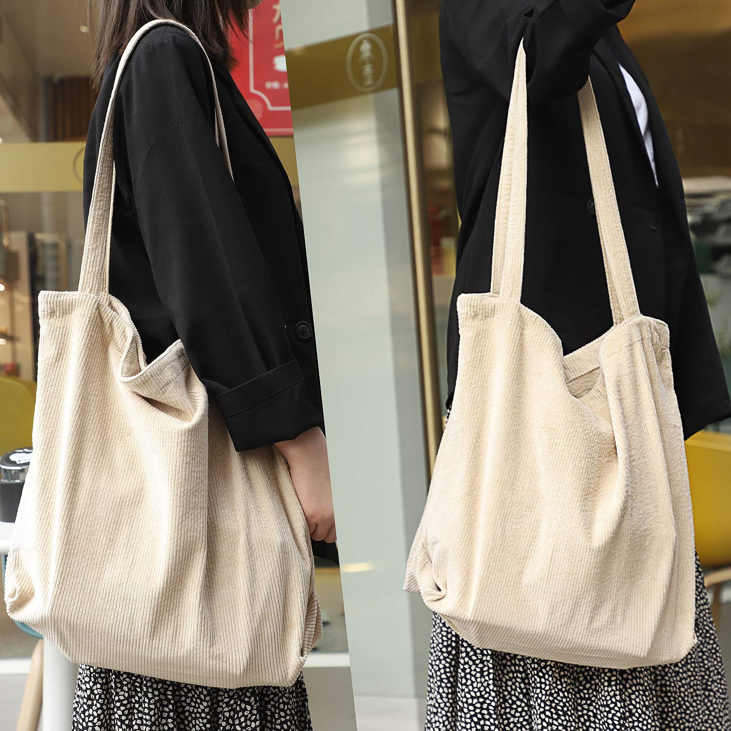 Etercycle Women's Corduroy Tote Bag - Large Capacity Casual Shoulder Handbag with Pockets, Cream | Perfect for Work, Shopping & Daily Use