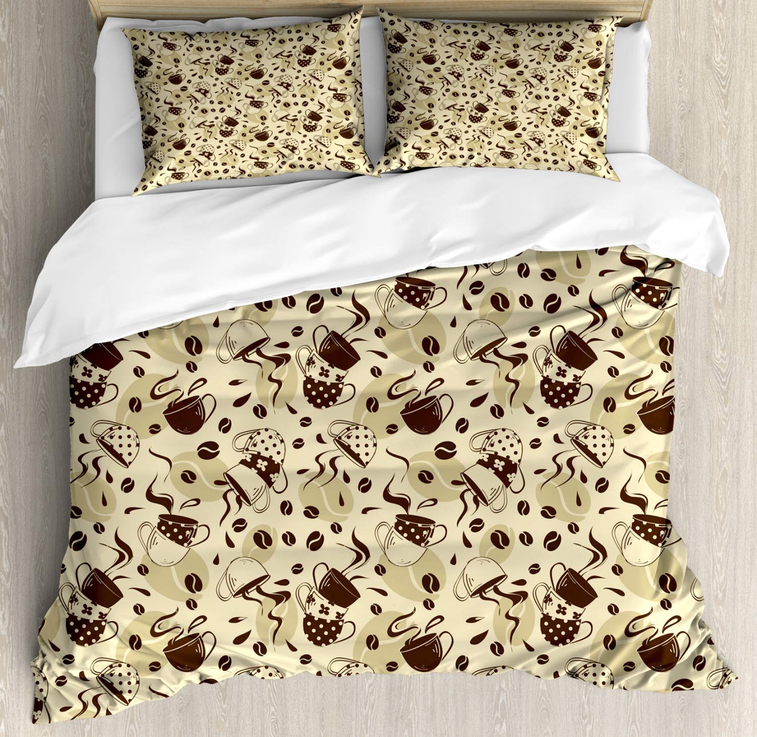 Ambesonne Modern Duvet Cover Set - Contemporary Coffee Cups Polka Dots & Beans Roasted Graphic Design - 3 Piece Bedding Set with 2 Pillow Shams - Queen Size Cream & Brown - Perfect for Coffee Lovers' Bedroom Decor