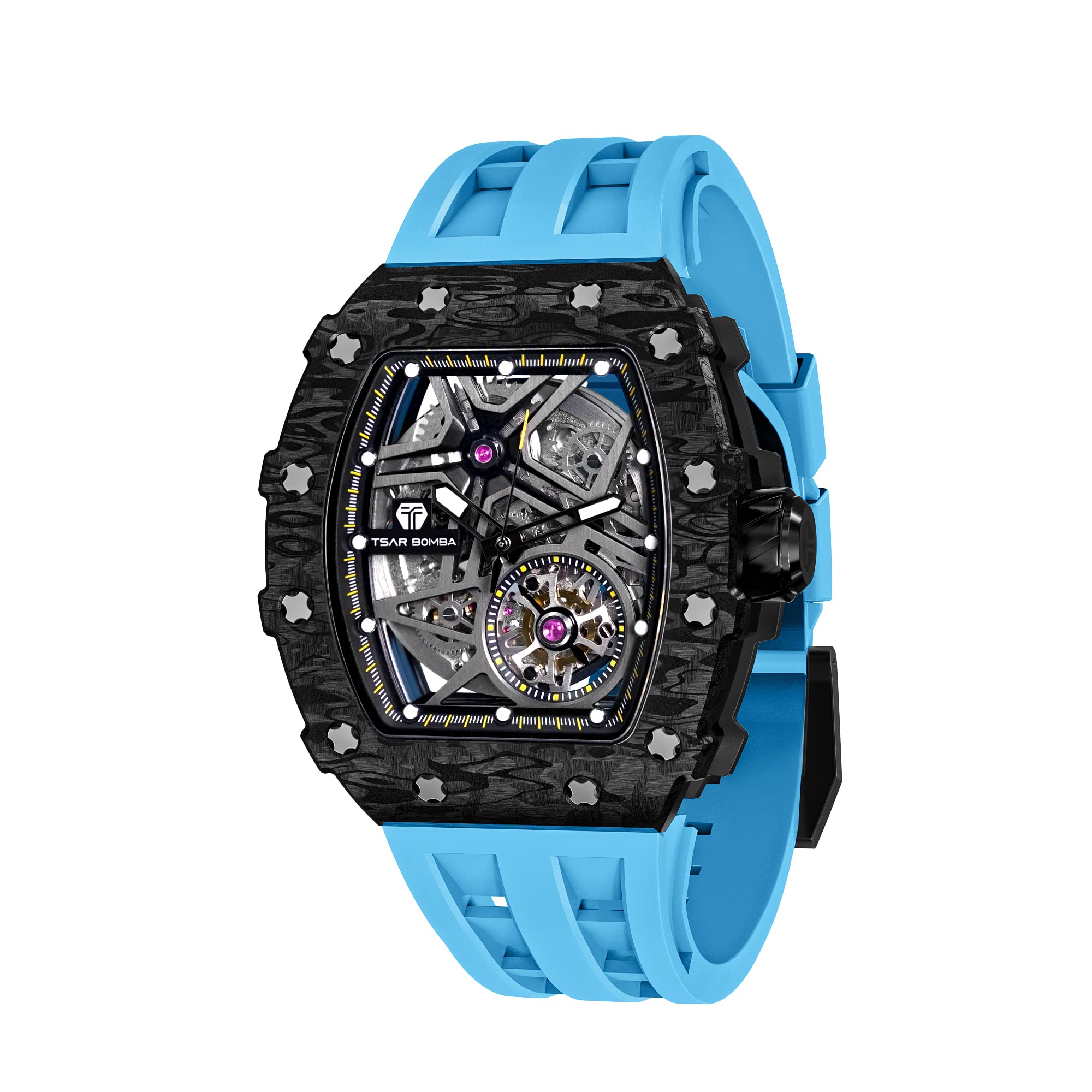 TSAR BOMBA Men's Luxury Automatic Skeleton Watch - Silver Square Big Face, 50M Waterproof, Silicone Strap - Perfect for Business, Casual & Formal Wear - Unique Analog Wristwatch for Men
