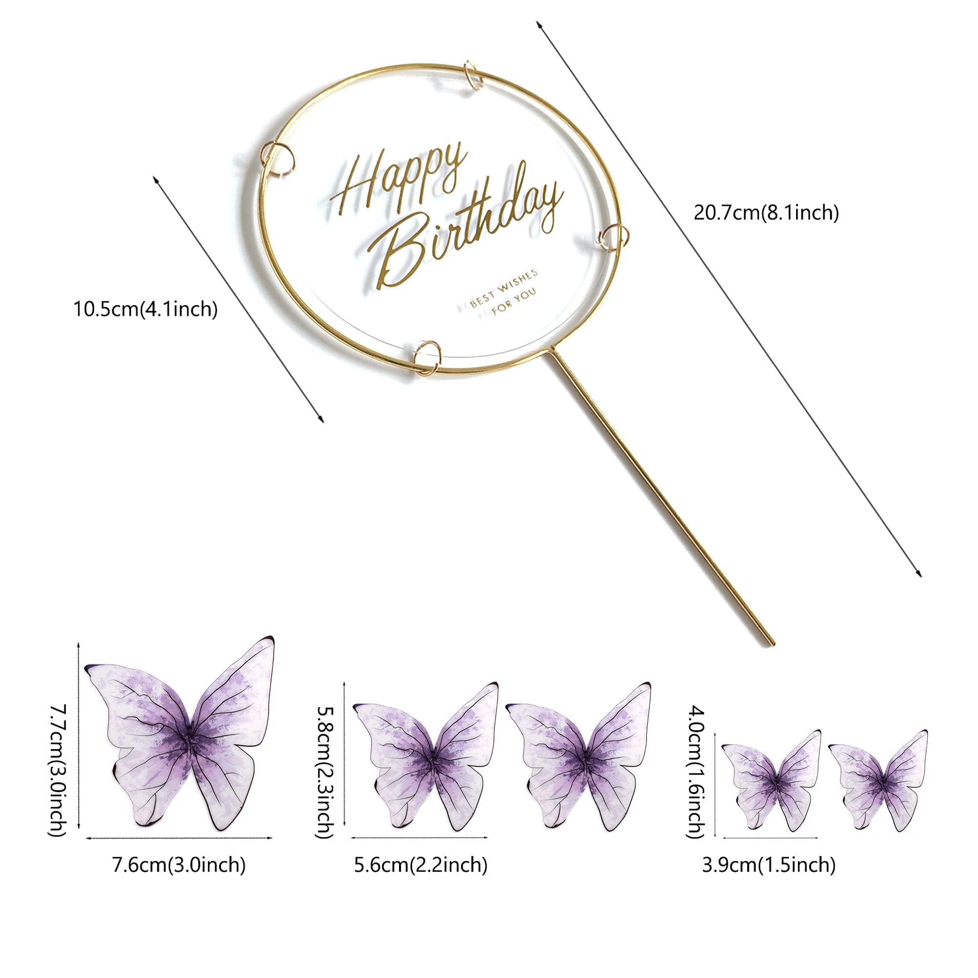 11-Piece Purple Butterfly Cake Toppers Set - Elegant Metal Gold Happy Birthday Cake Decorations for Women, Girls, Birthday Parties & Wedding Celebrations