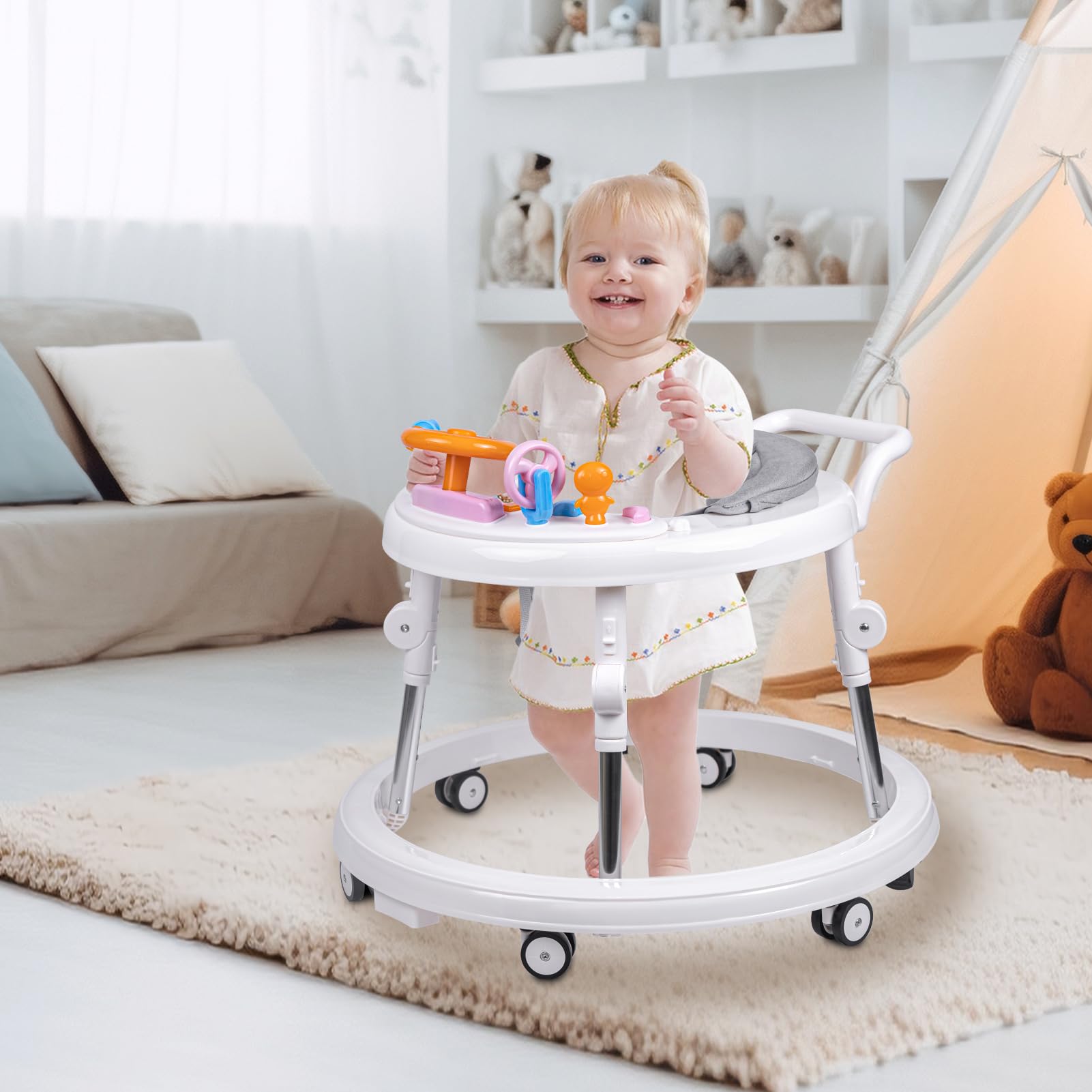Foldable 9-Speed Adjustable Baby Walker with Wheels & Music - Anti-Fall Infant Walker for Boys & Girls 6-24 Months - Perfect for Learning to Walk & Playtime Activities at Home