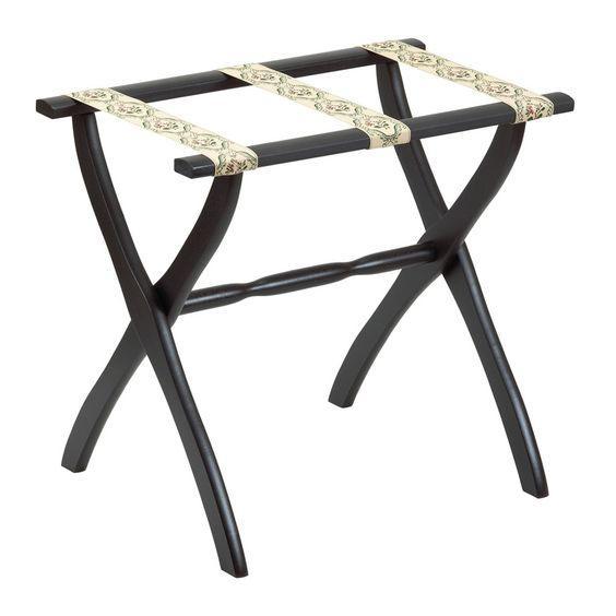 Black Wooden Luggage Rack with Contour Legs & 3 Petit Point Straps - Perfect for Bedroom, Hotel, or Travel Storage Organization