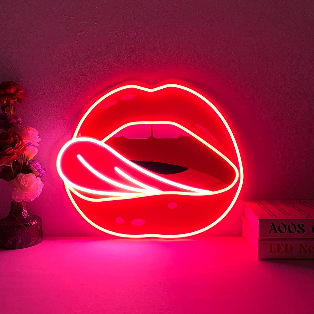 Licking Lips Neon Sign - Custom LED Wall Art for Bedroom, Home, Wedding & Party Decor - Aesthetic Room Lighting for Bathroom & Kitchen - Perfect for Bars, Cafes & Instagrammable Spaces