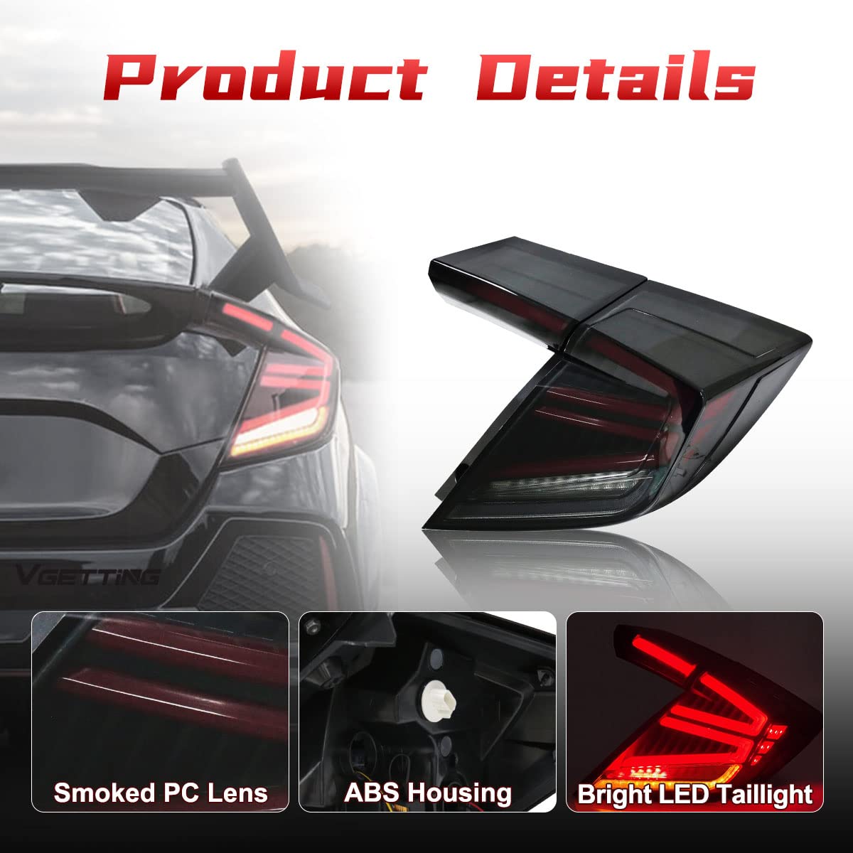 2016-2020 Honda Civic Type R Hatchback LED Tail Lights - Smoked Lens Sequential Turn Signal & DRL Brake Light Assembly - Perfect for Night Driving & Car Customization