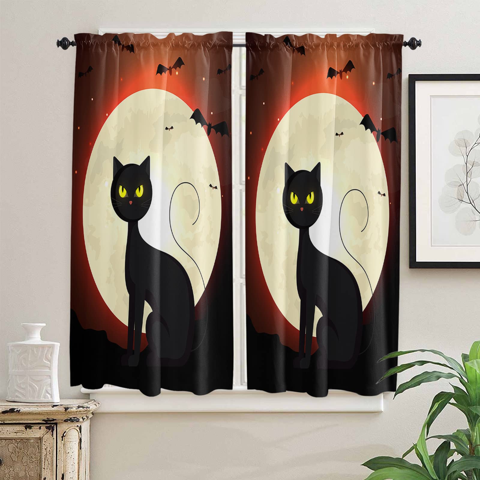 Black Cat Full Moon Bat Tier Curtains for Kitchen, Bathroom & Living Room - 42x63 Inch Rod Pocket Privacy Drapes, 2 Panels - Perfect for Halloween Decor, Small Windows & Cafe Window Treatments