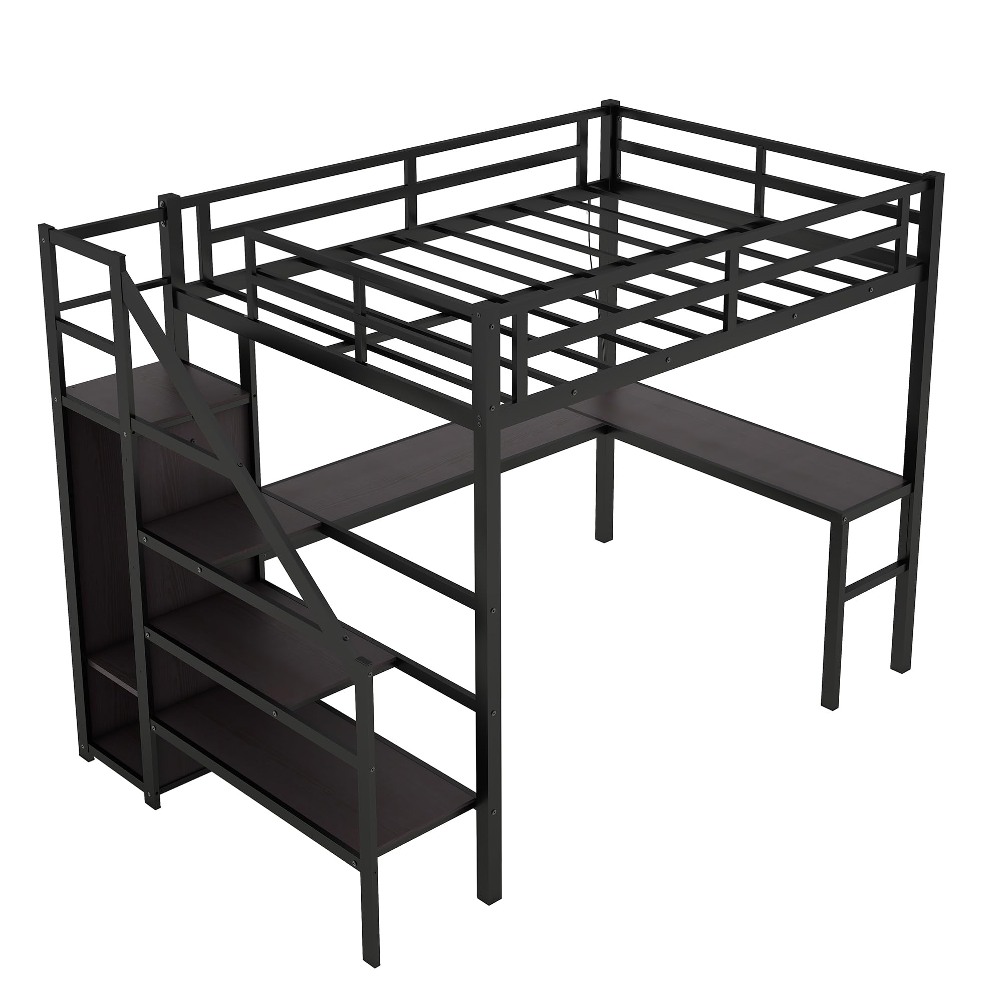Full Size Loft Bed with Desk, Storage Shelf & Stairs - Space-Saving Metal Loft Bed with Wardrobe, Charging Station & RGB LED Lights for Adults, Teens & Kids | Perfect for Small Bedrooms, Dorms & Studio Apartments (Black)
