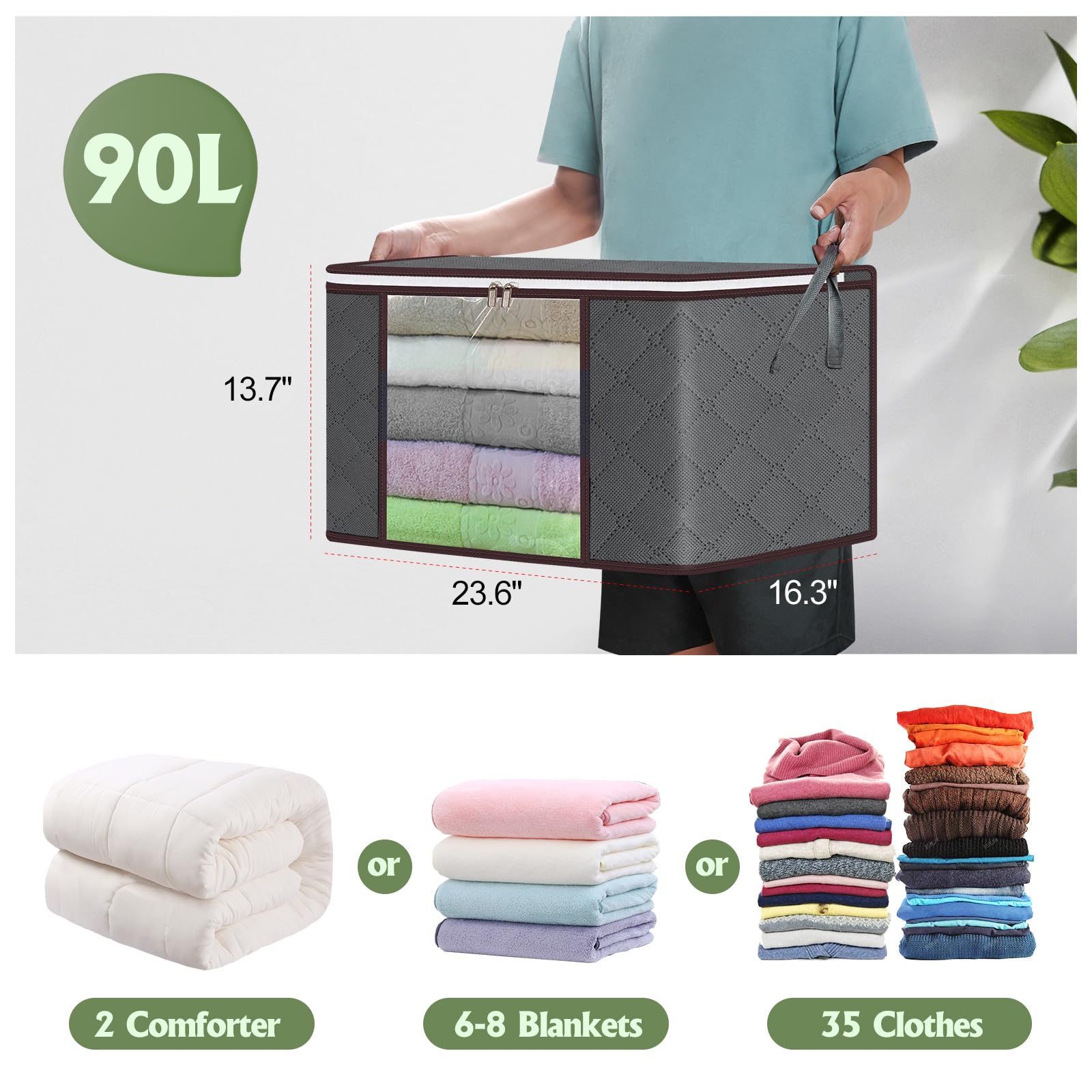 90L Large Storage Bags - 10 Pack Foldable Clothes Organizer Bins with Zipper & Lids - Durable Thick Fabric Closet Storage Containers with Handles - Perfect for Bedding, Clothing, Blankets, Pillows & Toys (Gray) - Ideal for Home Organization, Seasonal Storage & Travel Packing