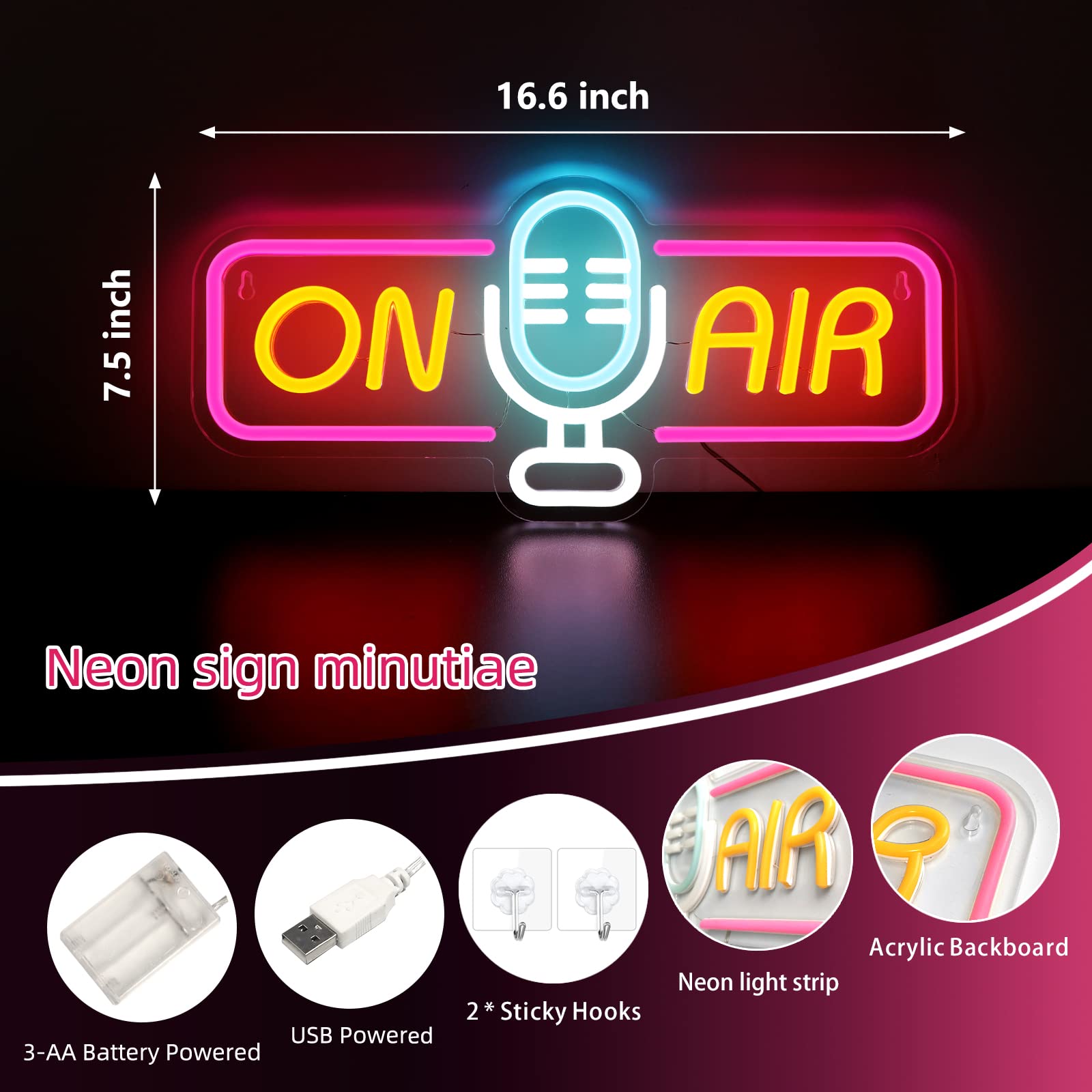 ATOLS On Air Neon Sign - USB/Battery Powered LED Wall Decor for Live Streaming, Gaming & Studio - Perfect for Bedroom, Game Room & Music Studio Decor