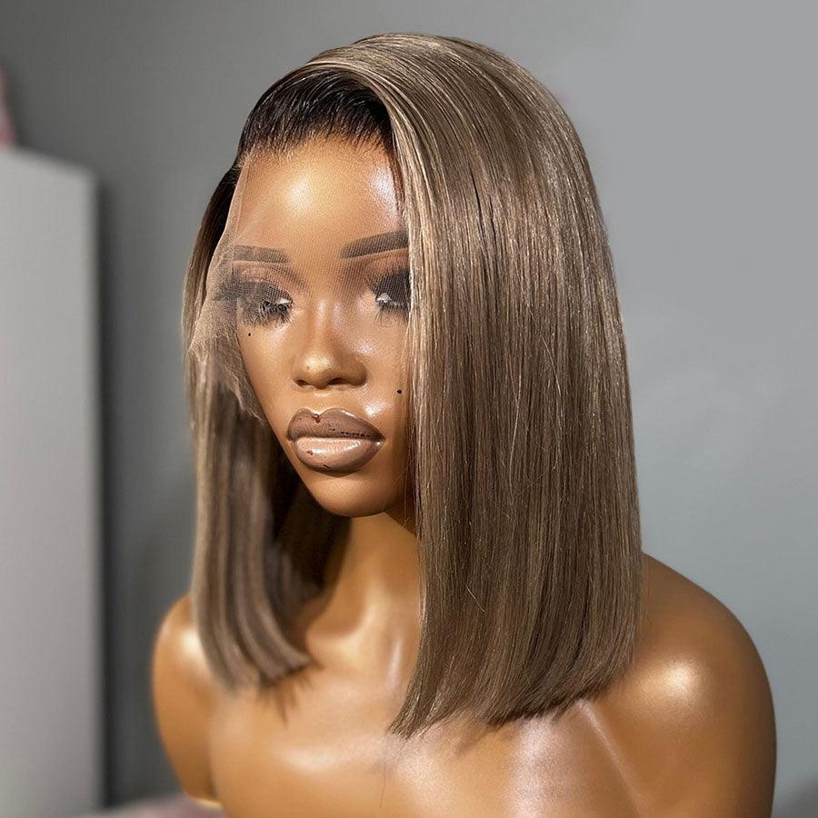 WOWANGEL Ash Grey Straight BOB Ombre 13X6 Skinlike Real HD Lace Wig - Natural Looking Human Hair Wig for Women, Perfect for Daily Wear, Cosplay & Special Occasions