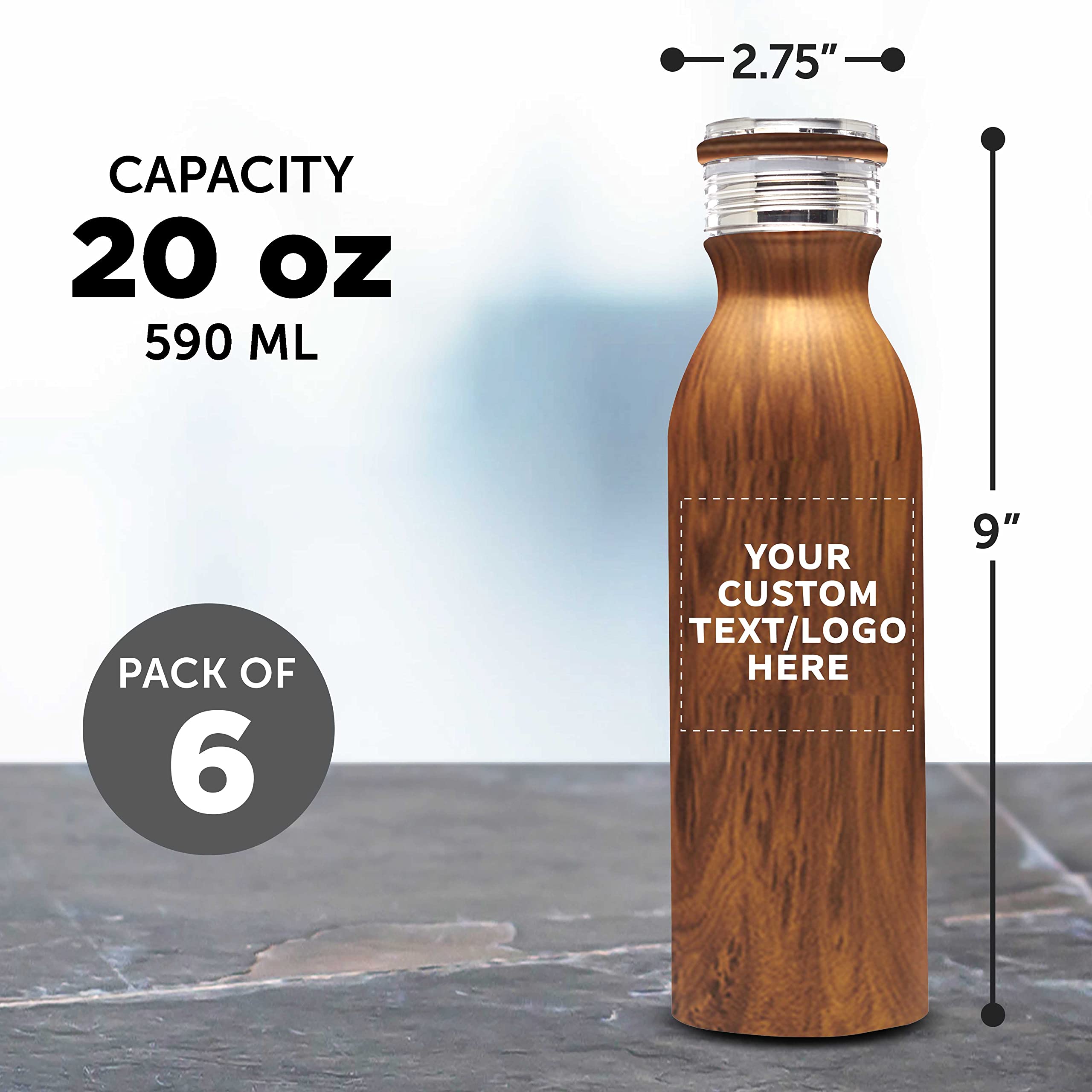Echo 20 oz Custom Stainless Steel Water Bottles Set of 6 - Personalized Bulk Pack with Double Wall Insulation - Ideal for Coffee, Tea, Soda & Cold Drinks - Perfect for Office, Gym, Hiking & Outdoor Activities - Wood Lid Design