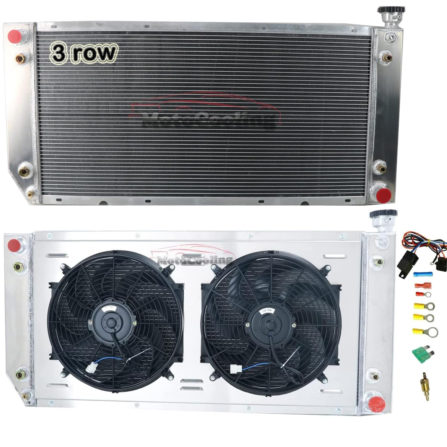 1994-2000 Chevy/GMC C1500 C2500 C3500 K1500 K2500 K3500 Suburban Tahoe Yukon Aluminum Radiator Kit with 3-Row Crossflow Design, Electric Fan Shroud & Thermostat - Perfect for Pickup Truck Cooling System Upgrades & Engine Overheating Prevention