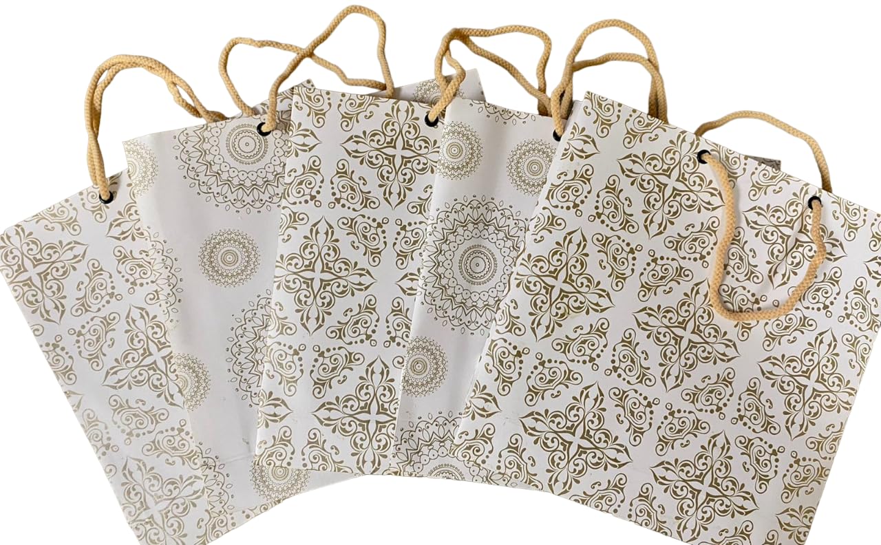 White & Gold Small Paper Gift Bags - 10 Pack for Parties, Shopping & Gifts