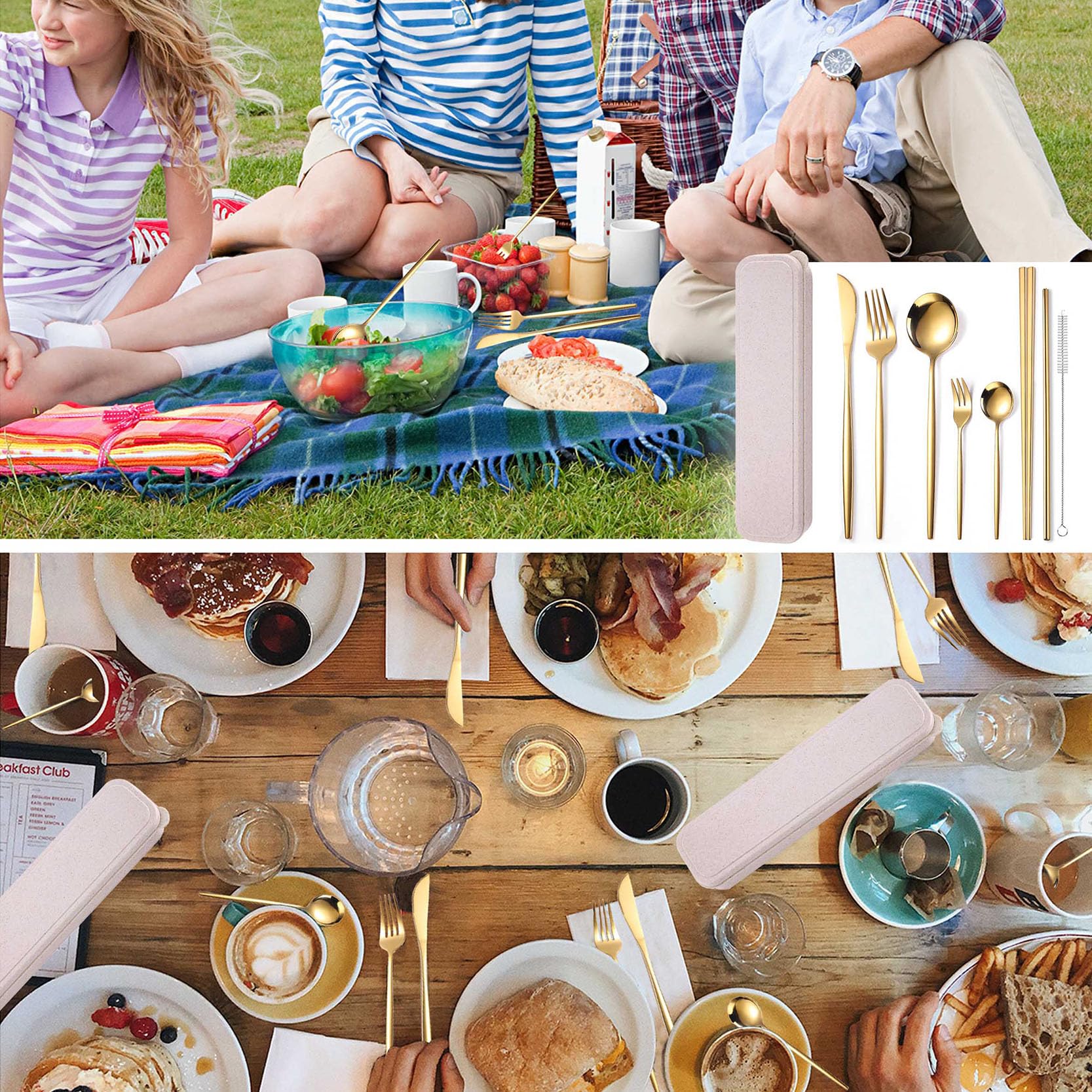 AARAINBOW 8-Piece Stainless Steel Travel Cutlery Set with Chopsticks & Cleaning Brush - Dishwasher Safe for Camping & Picnics (Golden)
