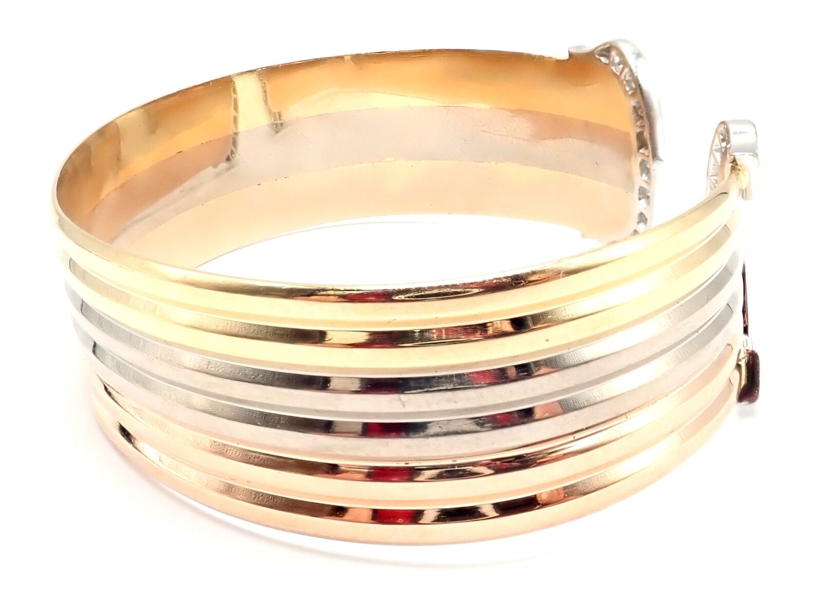 Authentic Cartier 18k Tri-Color Gold Diamond Double C Wide Cuff Bangle Bracelet - Luxury Jewelry for Women, Perfect for Weddings, Parties & Special Occasions