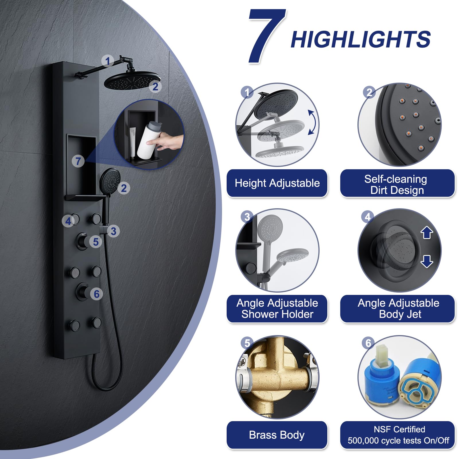 ROVATE Matte Black Shower Panel Tower System with 6 Body Jets, Rainfall Shower Head & Handheld - Adjustable Shower Arm, Self-Cleaning Stainless Steel Shower Column with Shelf - Perfect for Modern Bathroom & Spa Experience