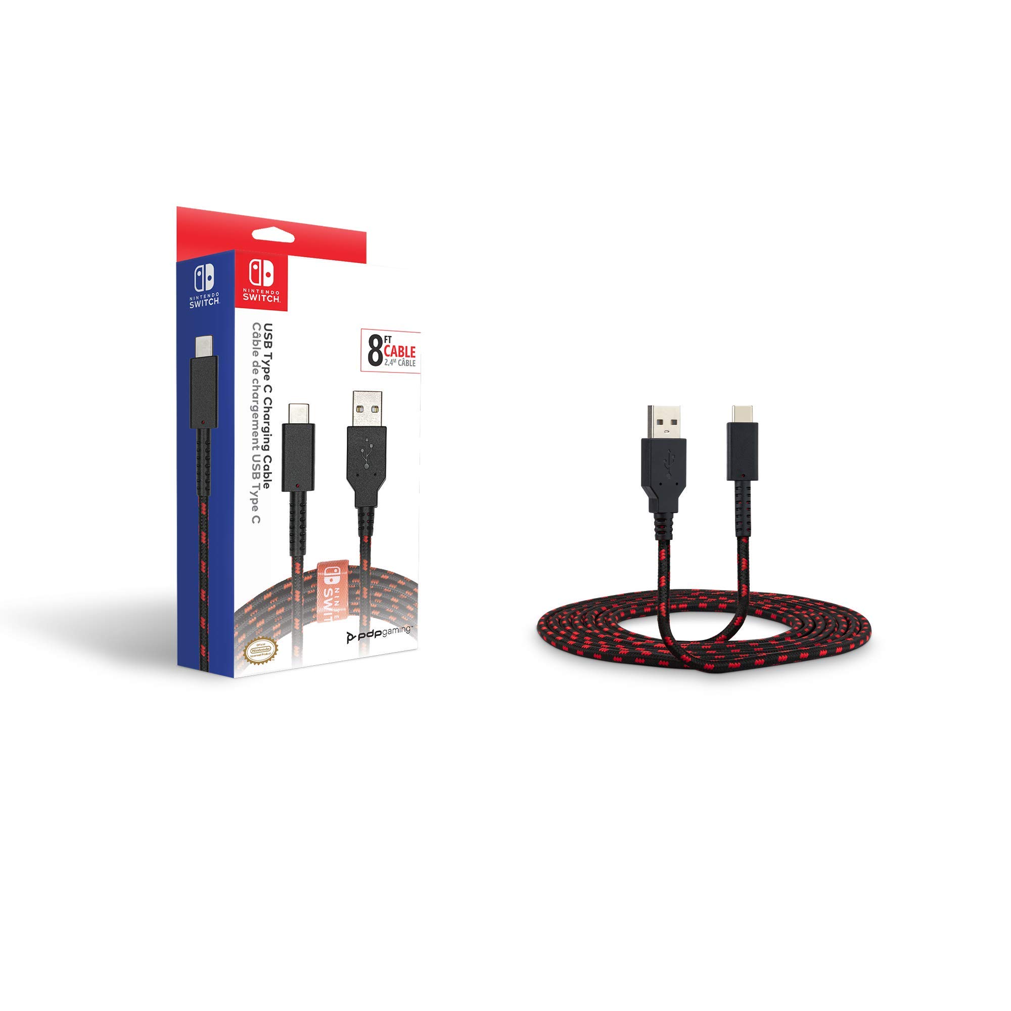PDP Gaming Charge Cable - 8ft USB C Fast Charging Cord for Nintendo Switch, Android Phones & Tablets - Durable Black/Red Braided Cable for Gaming & Travel