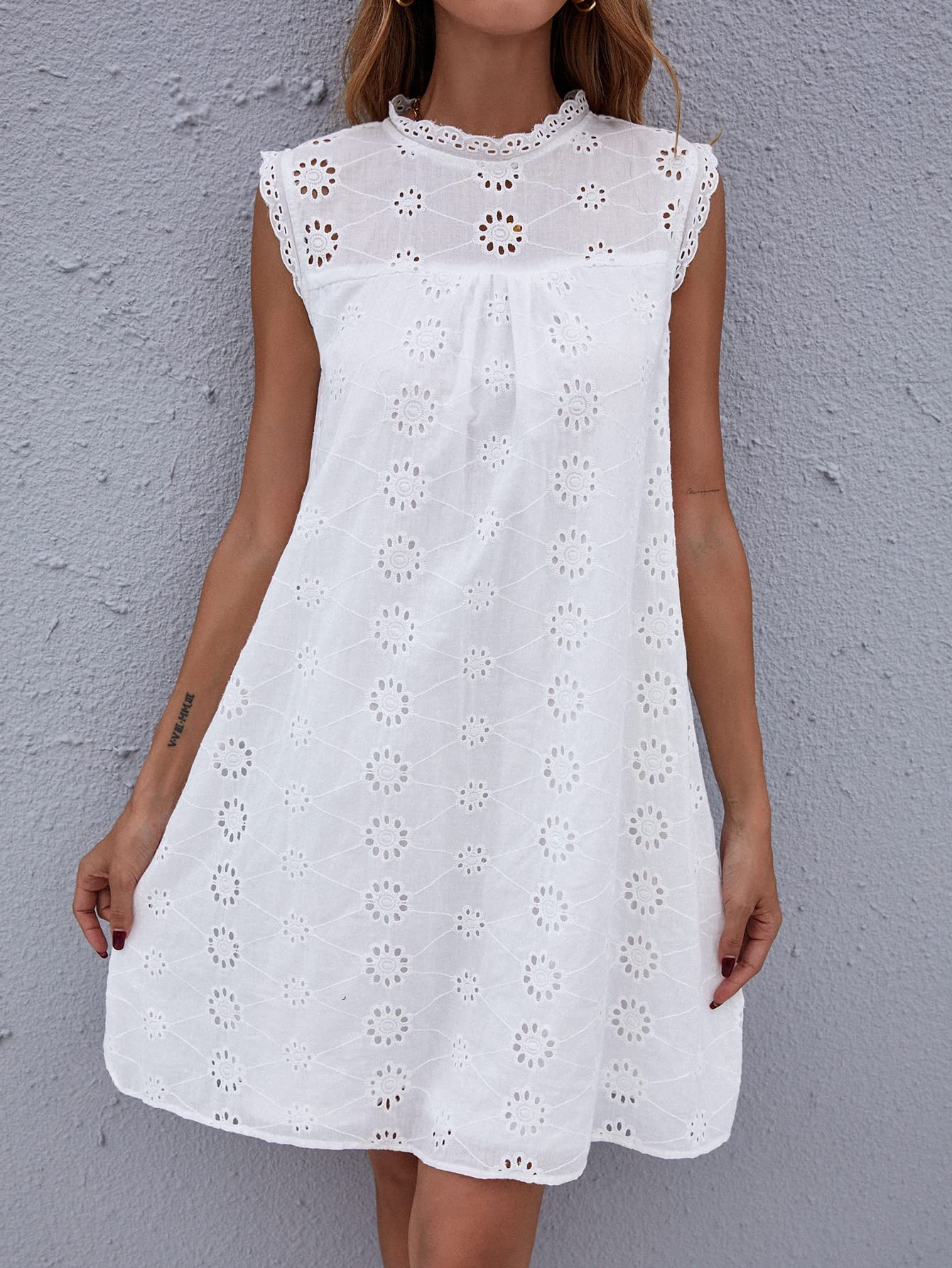 Women's Sleeveless Eyelet Embroidery Mock Neck Tunic Dress - Loose Flowy Shift Summer Dress in White (Size Large) | Perfect for Beach Vacations, Garden Parties & Casual Outings