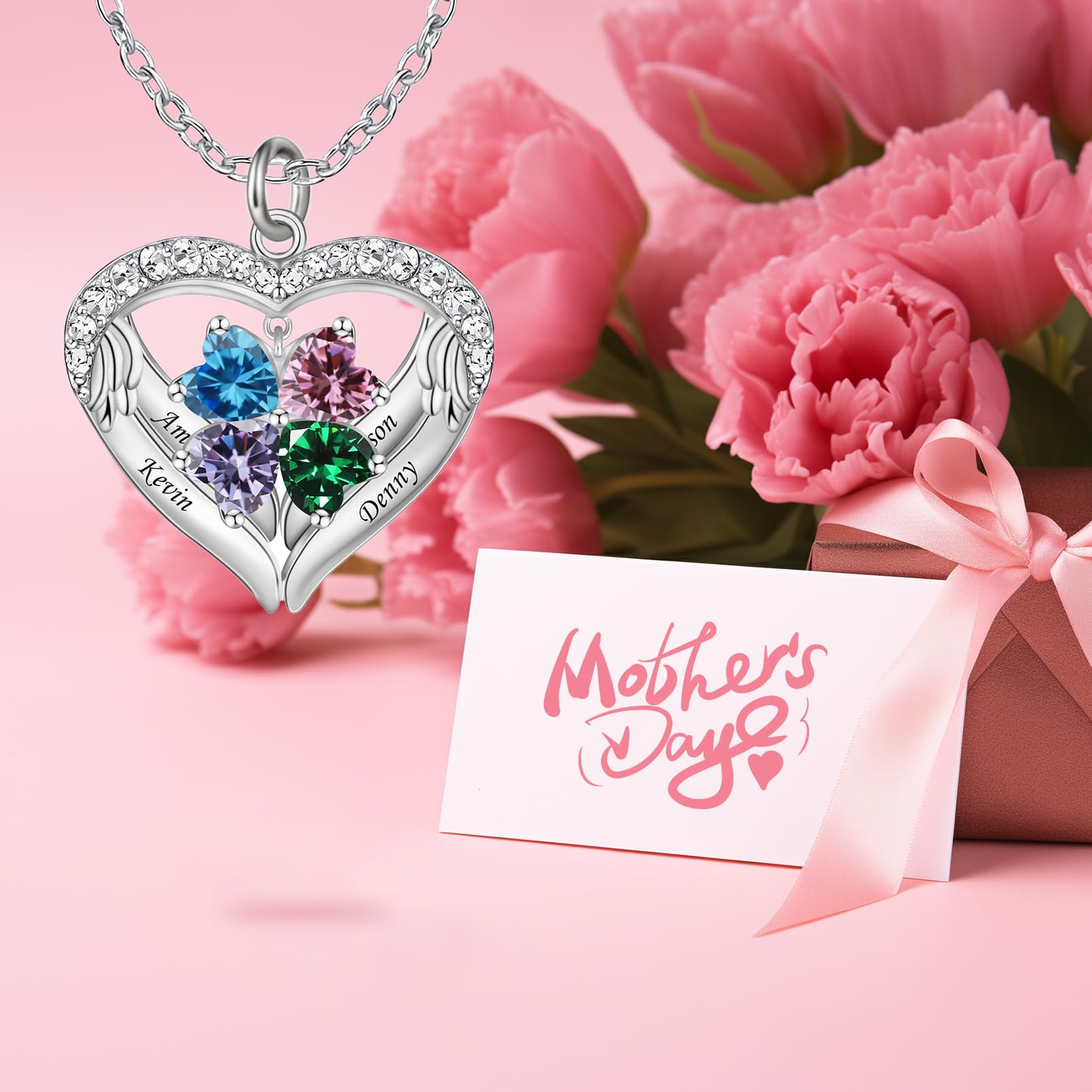 Custom Personalized Mothers Necklace with 1-6 Names & Birthstones - Heart Pendant Jewelry Gift for Mom, Grandma, Wife - Perfect for Christmas, Birthday, Anniversary, Mother's Day & Special Occasions