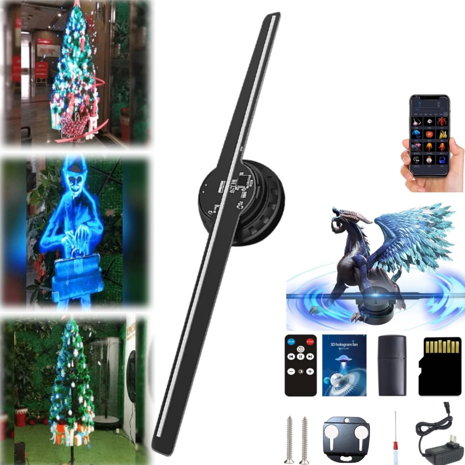 3D Hologram LED Fan Projector - 360° Floating Holographic Display with Vivid Colors & Remote Control for Halloween, Christmas, Parties, Events and Home Decor