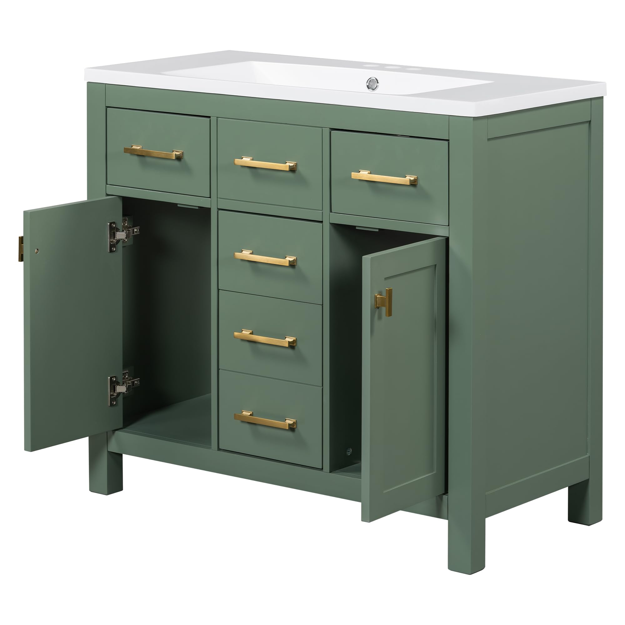 36 Inch Freestanding Bathroom Vanity with Undermount Resin Sink - Solid Wood Single Vanity with 4 Drawers & 2 Soft-Close Doors - Modern Green Bathroom Sink Cabinet for Small Bathrooms & Powder Rooms