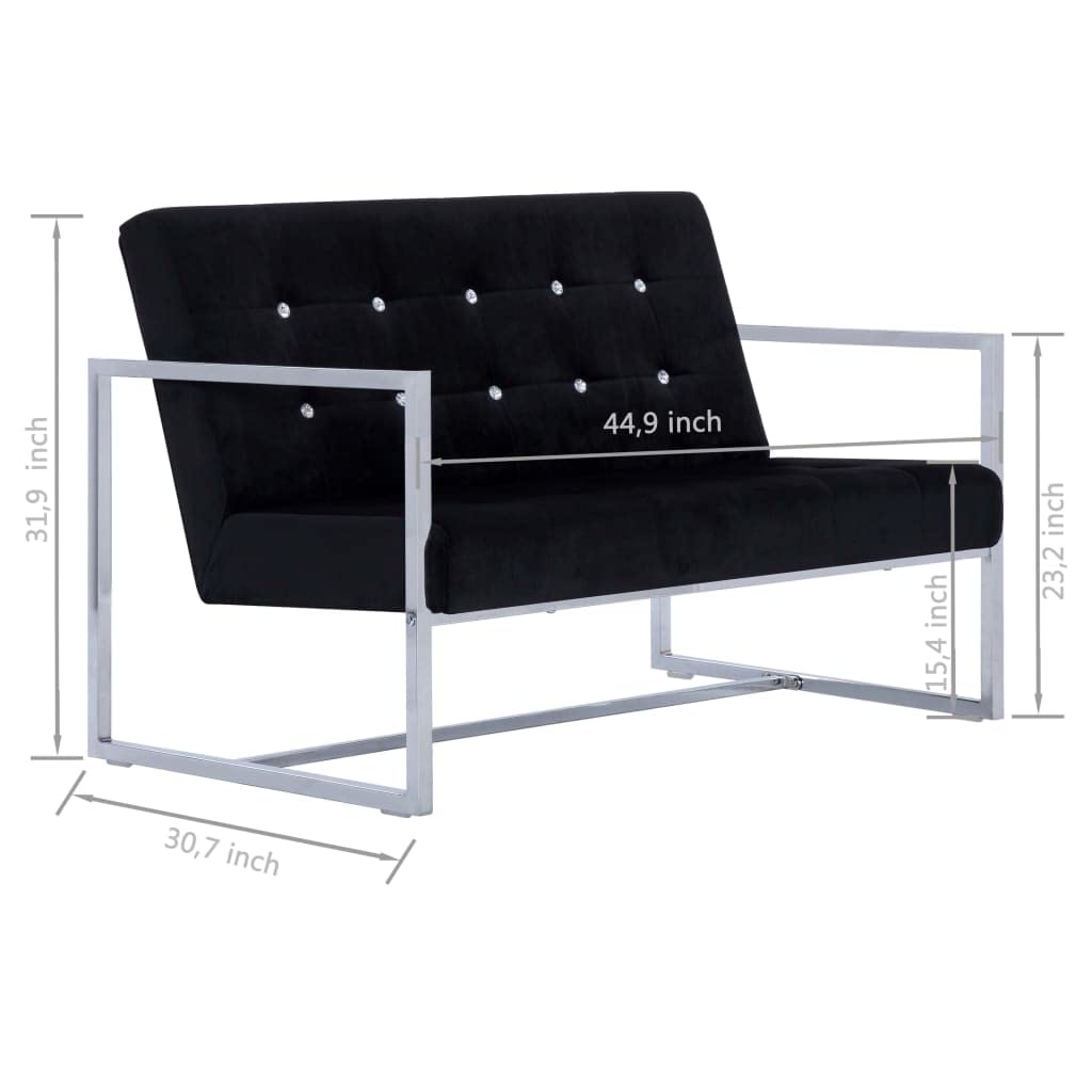 CHARMMA 2-Seater Sofa with Armrests - Black Chrome & Velvet Upholstery, 23.6KG - Modern Living Room Furniture for Small Spaces & Apartments