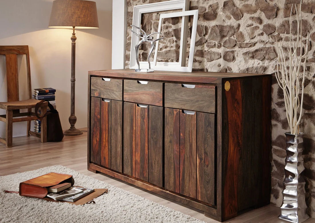 Gfine Solid Sheesham Wood Sideboard - 3 Doors & 3 Drawers, 145x45x85cm - Perfect for Living Room Storage, Dining Room Buffet & Entryway Organization