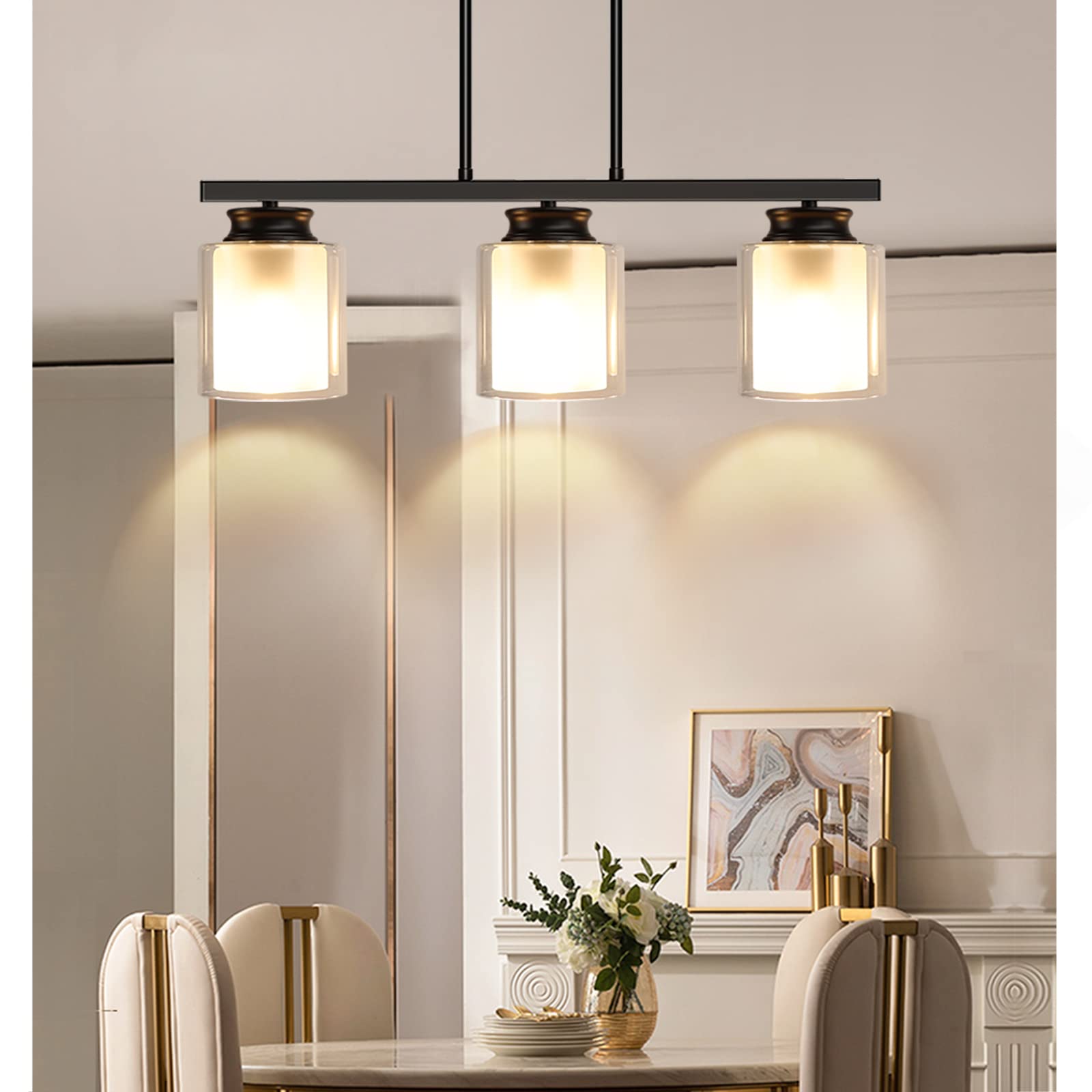 DLLT 3-Light Industrial Pendant Lighting Fixture - Metal Kitchen Island Hanging Light with Glass Shade, Farmhouse Flush Mount Ceiling Light for Dining Room, Foyer, Restaurant, Bar - E26 Base - Perfect for Modern Farmhouse Decor & Commercial Spaces